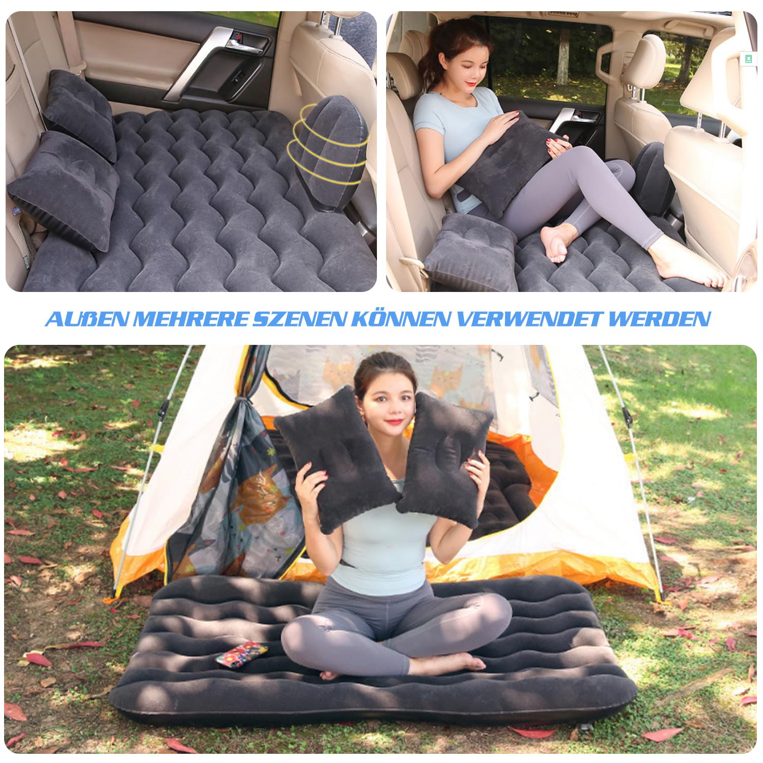 Ergocar Auto Luftmatratze Aufblasbare Matratze mit Pumpe Air Bett Camping Auto Kissen für Reisen Camping Hinterhof Strand (Schwarz)