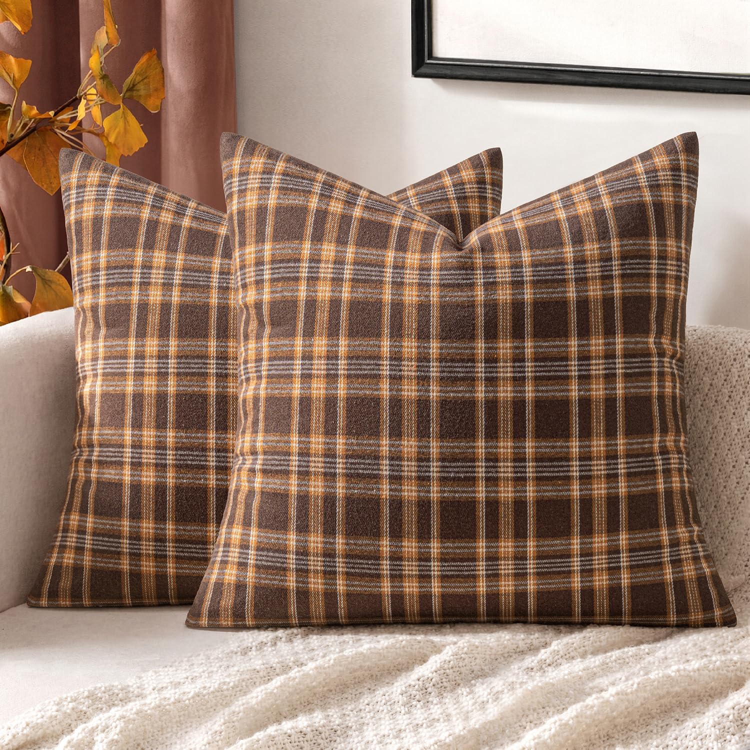 MIULEE Fall Plaid Pillow Covers Scottish Tartan 20x20 Dark Brown | Set of 2 Fall Decorations Cushion Covers, Farmhouse Winter Home Decor, for Thanksgiving Sofa Couch Bed Living Room