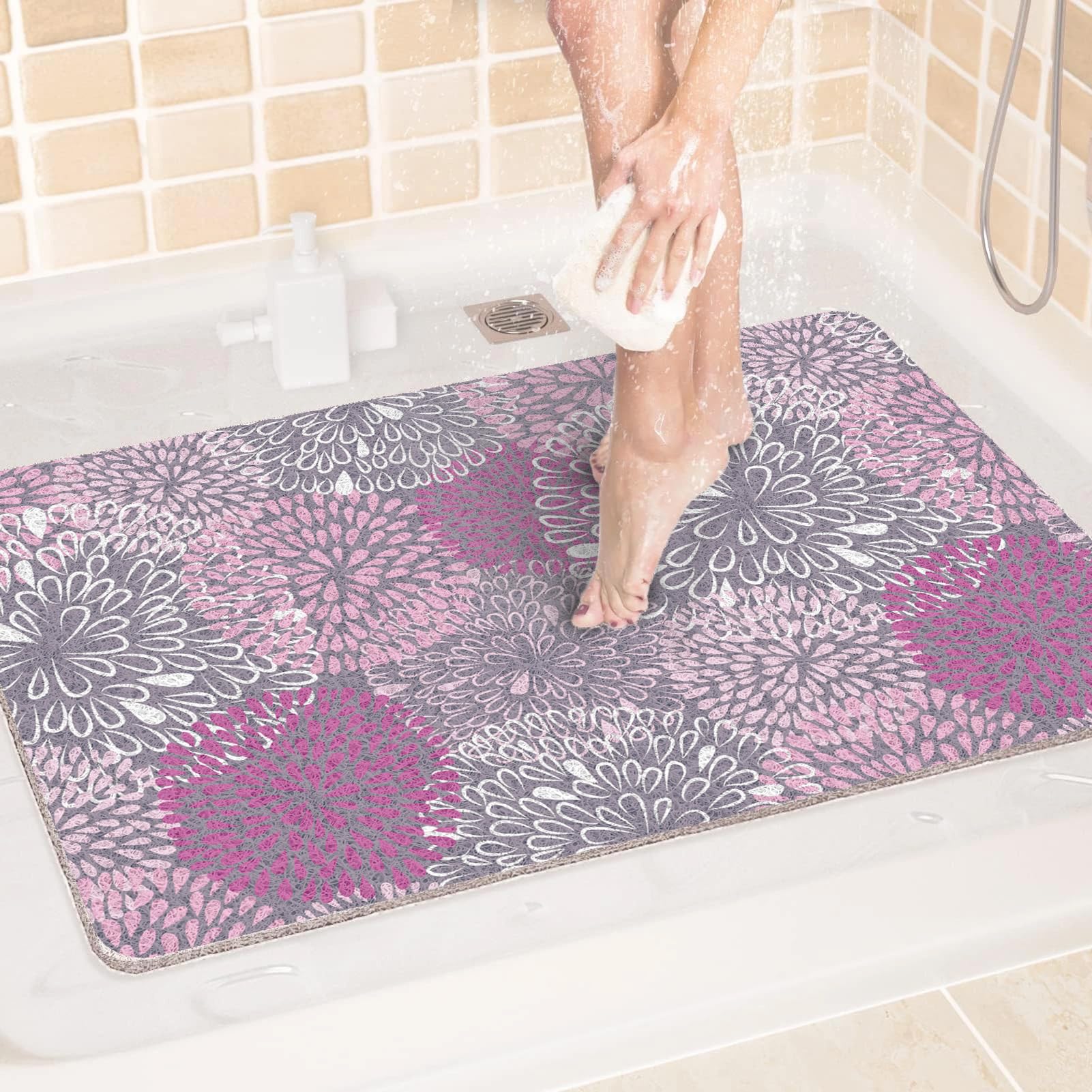 Loofah Mats for Shower, 120x180cm Non Slip Soft Textured Bath Pad, Bathtub Mat with Drain, Quick Drying, Soft Comfort Bathroom Mats for Wet Areas (Light Purple White)