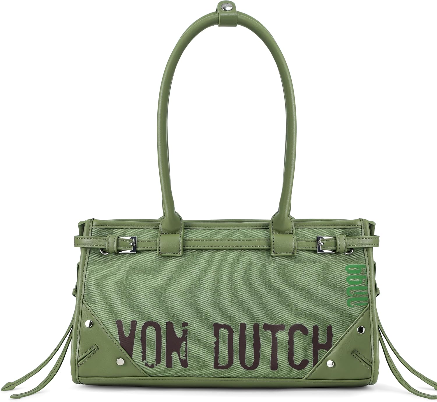 Von Dutch Lane Shoulder Bag | 12.75” Two-Tone Vegan Leather & Denim Handbag with Logo Detail, Long Handles & Branded Lining