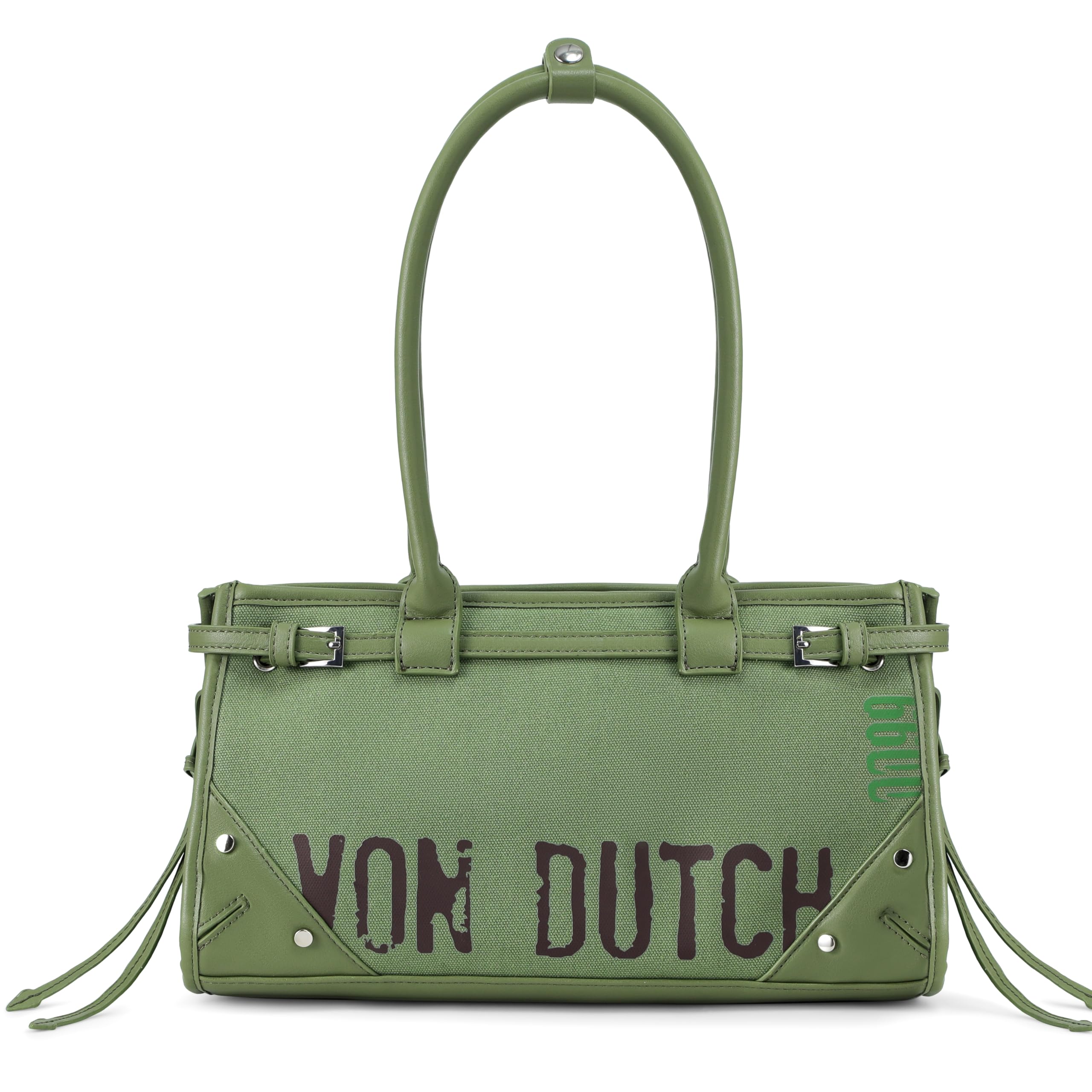 Von Dutch Lane Shoulder Bag | 12.75” Two-Tone Vegan Leather & Denim Handbag with Logo Detail, Long Handles & Branded Lining