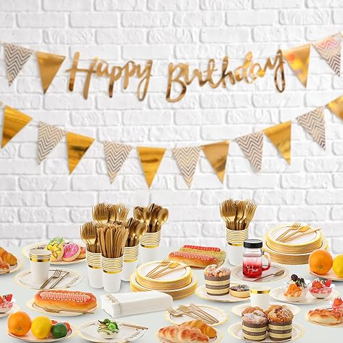 Miniatura 7 de meekoo Juego de vajilla desechable de 350 piezas para 50 invitados, platos de postre de 9 y 7 pulgadas, servilletas con borde dorado, cuchillos de