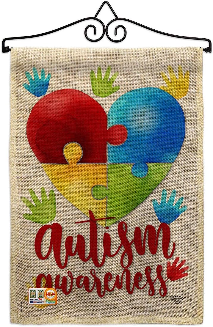 Autism Awareness Garden Flag Set with Stand Support Inspirational Survivor Ribbon Prevention Cancer Breast BLM Small Decorative Gift Yard House Banner Made In USA 13 X 18.5