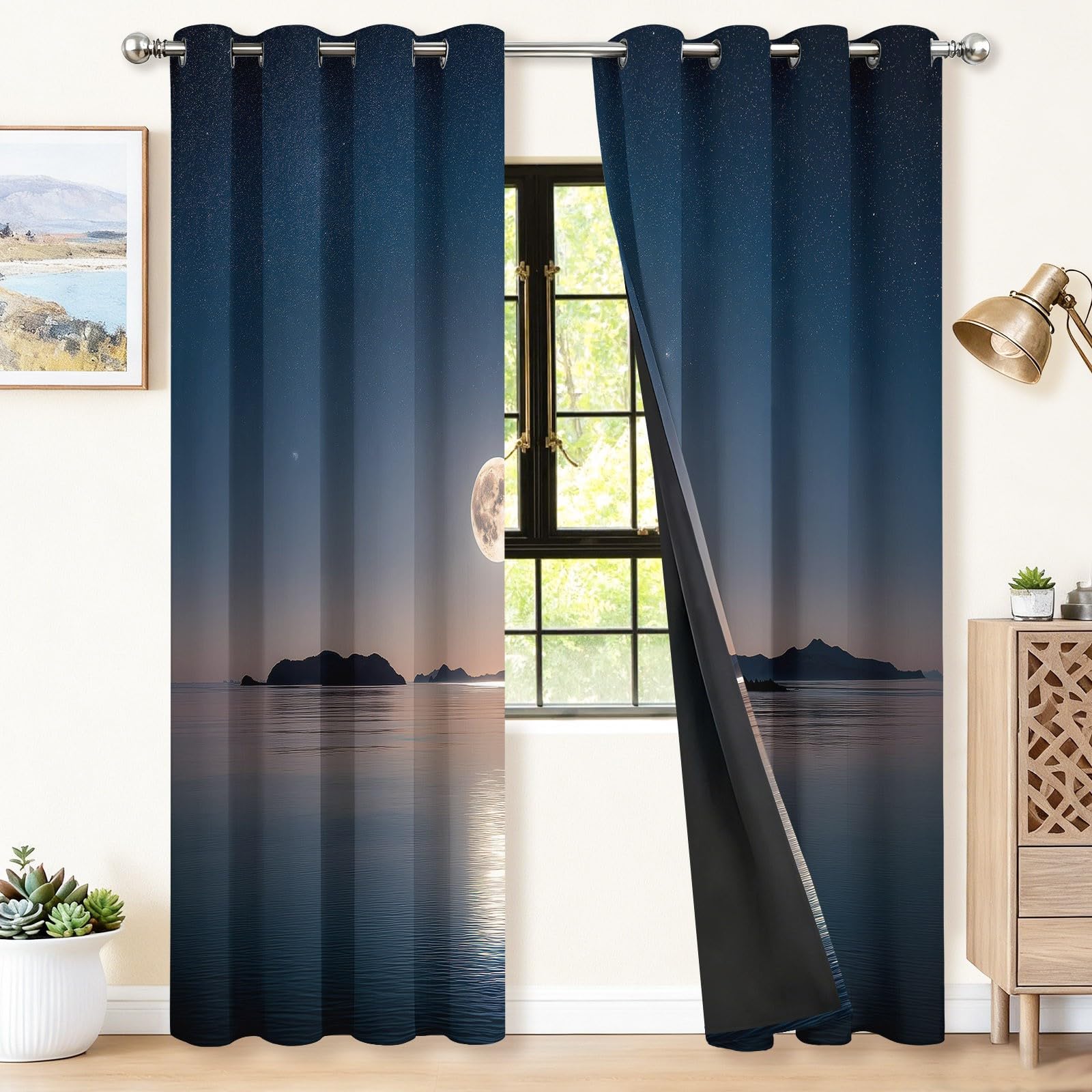 Verdunklungsvorhänge H215 x B110 cm 2er Set, Fotografie ‌Meer‌ Inseln Nachthimmel Vorhang Blickdicht mit Ösen, Vorhänge Wohnzimmer Thermovorhänge Sichtschutz Gardinen für Schlafzimmer, Bunt