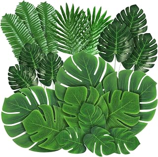 CEWOR 100 Pcs Artificial Palm Leaves 7 Kinds Faux Tropical Monstera Leaves with Stems for Hawaiian Luau Party Jungle Beach Theme Party Table Leave Decorations