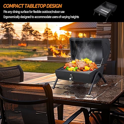 Miniatura 5 de VINGLI Parrilla de carbón portátil con termómetro y mango de madera, multifuncional de metal, compacta, de mesa, barbacoa, parrilla de carbón al