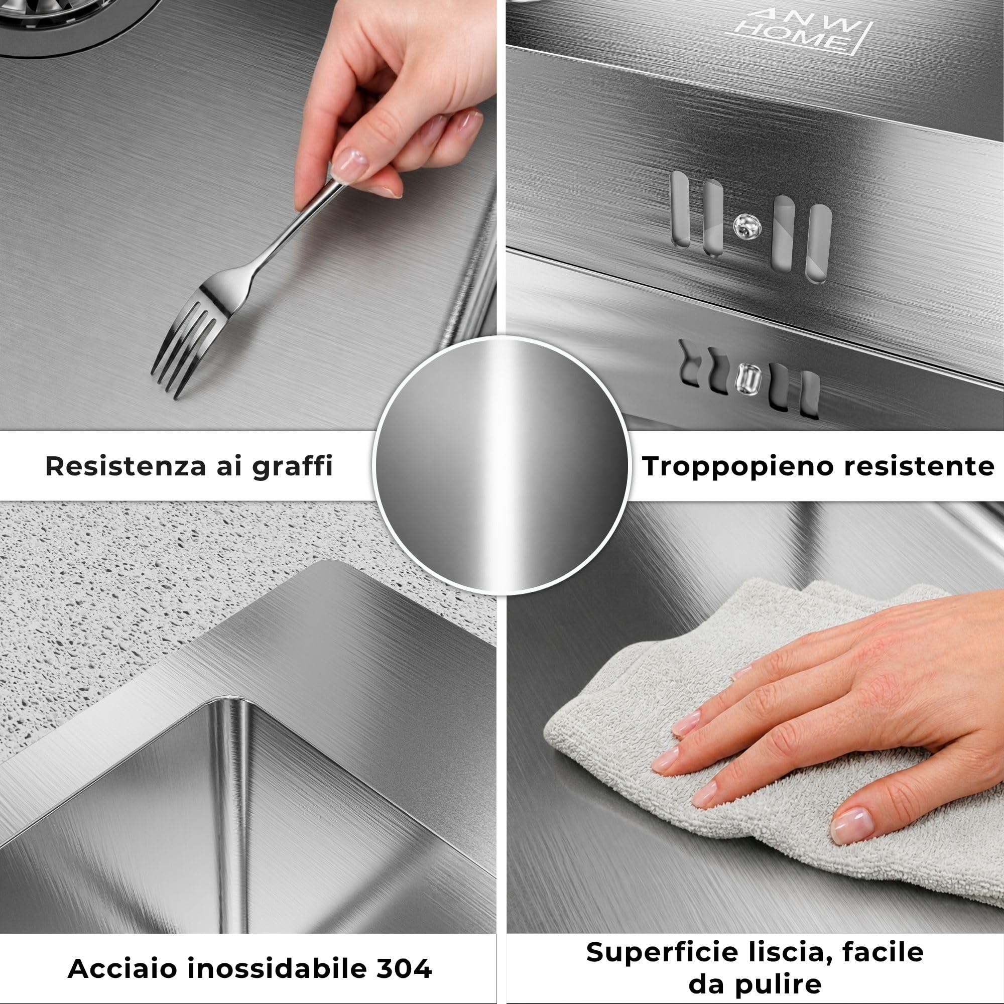 ANW HOME Lavello Cucina 1 Vasca 38x38 cm, Acciaio Inox 304 | Finitura Satinata, Spessore 2/0,7 mm, Profondità 20 cm, Con Sifone