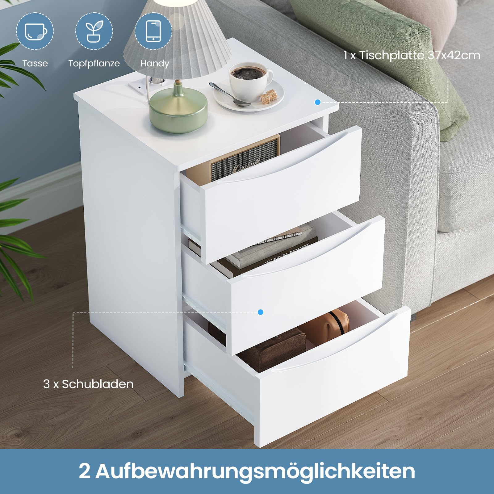 Brinlawb Nachttisch 2er Set mit LED-Beleuchtung und Ladestation (2 AC-Steckdosen & 2 USB-Anschlüsse) Nachtschrank 2er Set mit 3 Schubladen Beistelltisch für Schlafzimmer, Einfache Montage, Wohnzimmer