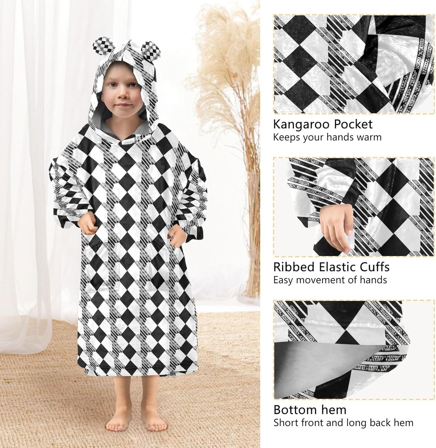 Black and White Buffalo Check Plaid Kids Wearable Blanket Hoodie and Sleeves for Toddlers, Cute Hoodies Girls B0403938