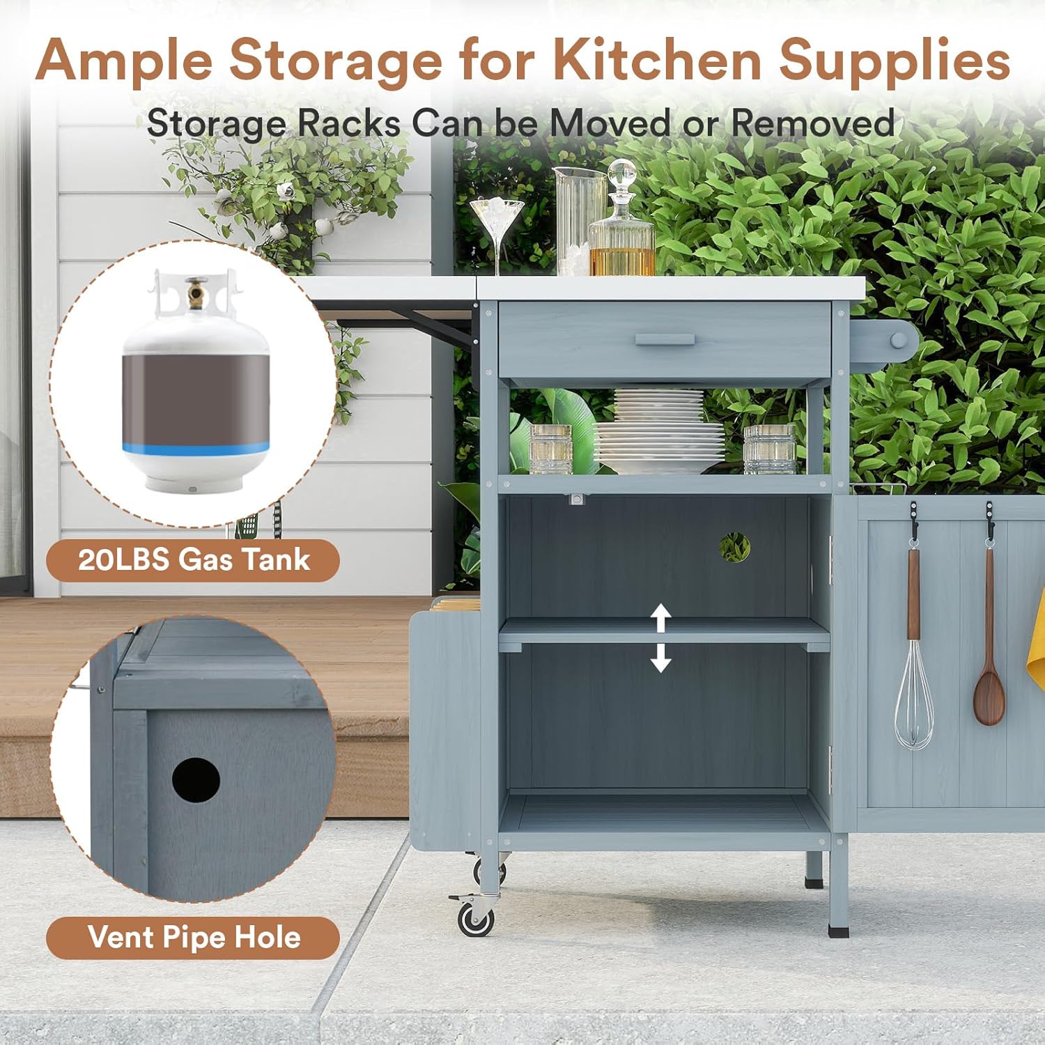 Outdoor Grill Cart with Drop Leaf, Stainless Steel Tabletop Outdoor Kitchen Island, Solid Wood Outdoor Buffet Cabinet with Drawer, Towel Rack, Lockable Wheels for Grilling, Gray-Blue