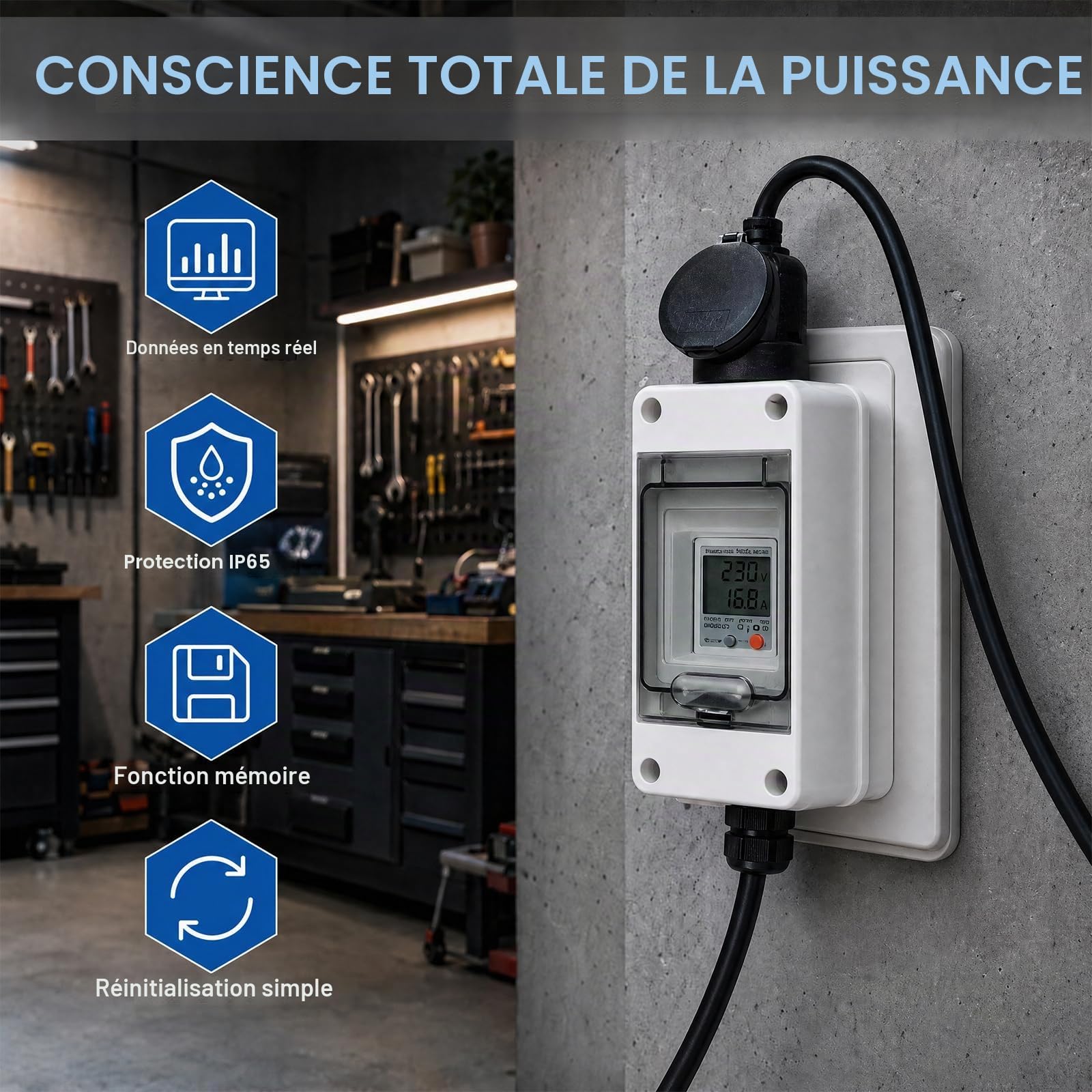 Compteur Électrique Numérique, 230V 16A, IP65, Reset, Câble 1m