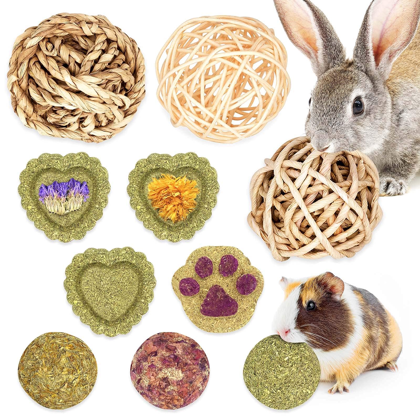 Bunny Chew Toys for Teeth, Rabbit Toys and Treats, 10PCS Natural Timothy Grass Small Animal Molar Grass Cake and Ball for Rabbits, Chinchillas, Guinea Pigs, Hamsters