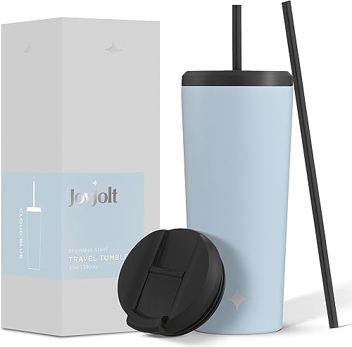 Miniatura 9 de JoyJolt Vaso de 20 onzas con triple aislamiento con tapa y popote (2 cada uno) de acero inoxidable de doble pared al vacío, con forro de cobre para