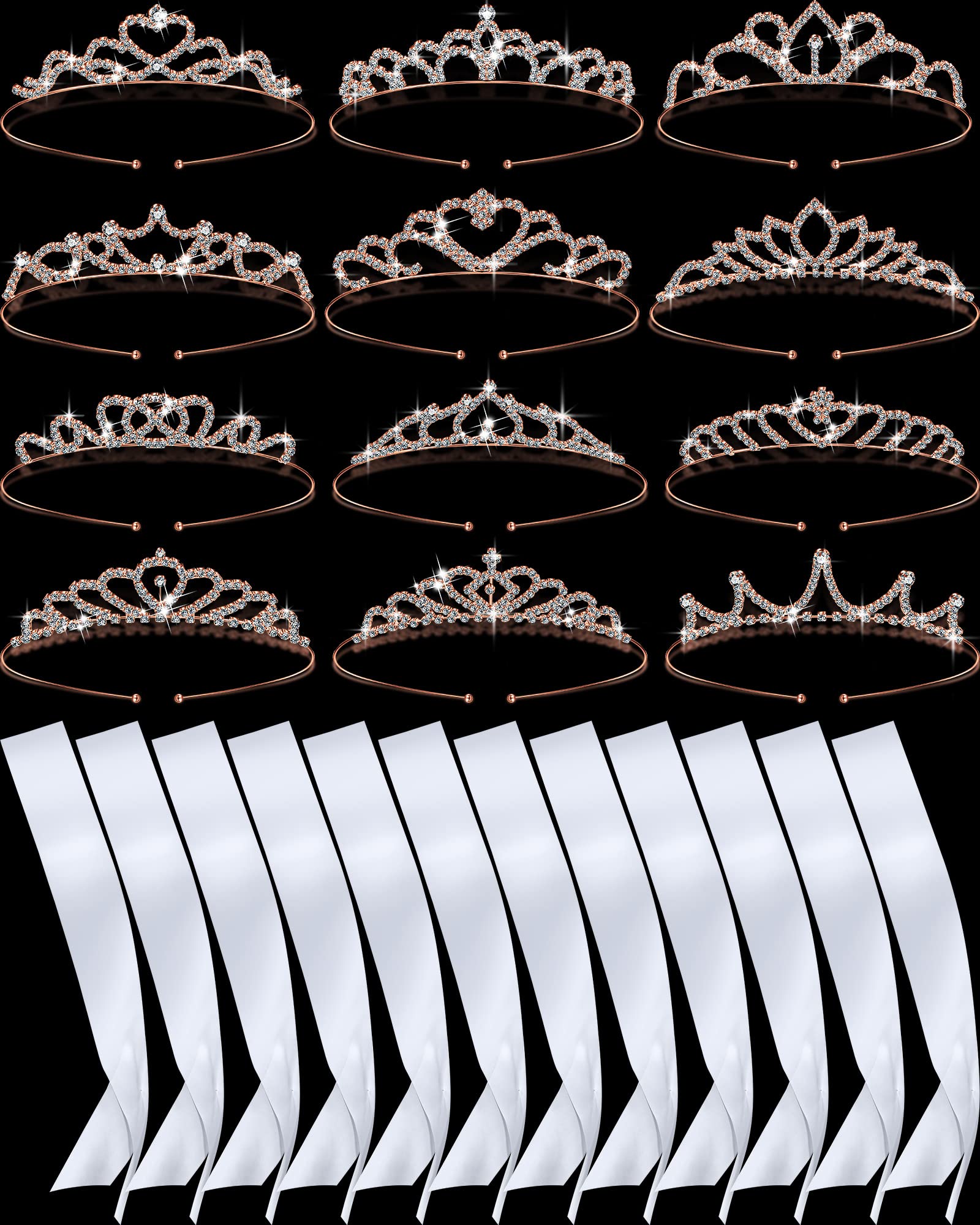 Juinte 12 Set Crown and Sashes Set Blank Satin Sashes for Pageants Rhinestone Prom Queen Tiara Crown White Blank DIY for Birthday Holiday Wedding