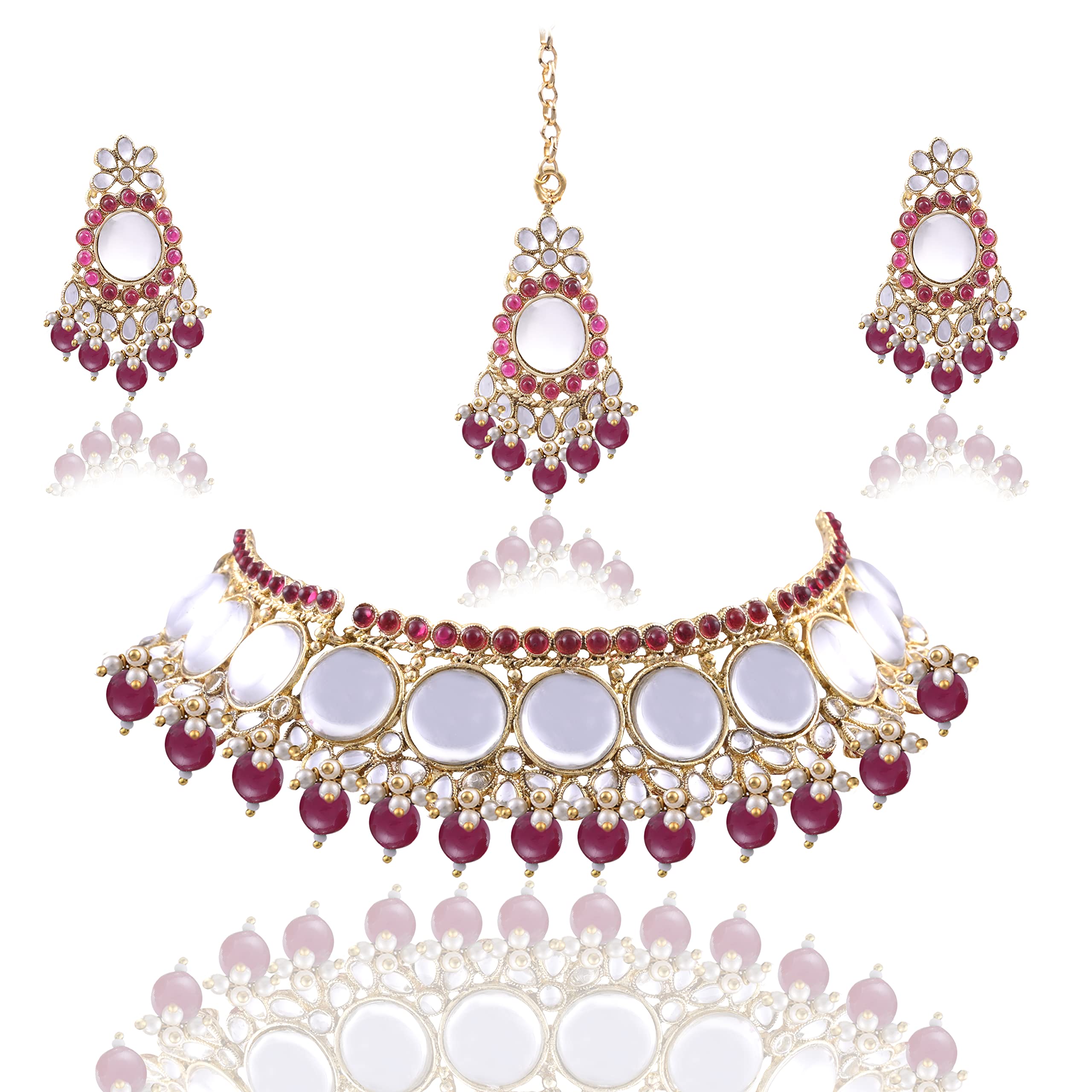 IIJ Indian Traditional Ethnic Gold & Maroon Tone Big Kundan Jaipur & Necklace Maang Tikka Jewellery Set for Women & Girls (B0B8D3V6QQ) Amazon Price History, Amazon Price Tracker