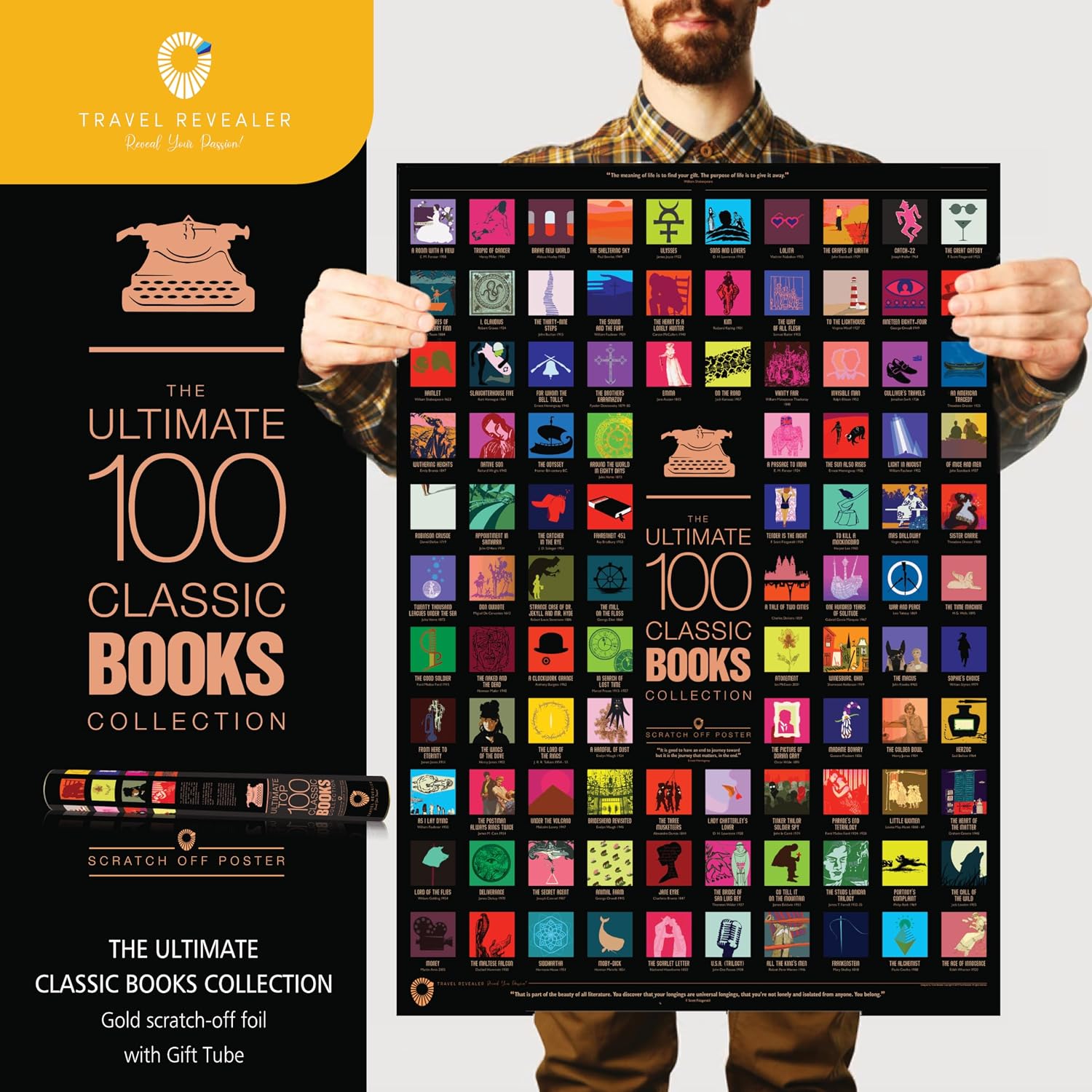 Travel Revealer Top 100 Classic Books Scratch Off Poster | 100 Books Everyone Should Read | Best Books of All Time | Gift for Book Lovers & Readers | 17x24 Gold Foil Design image 2