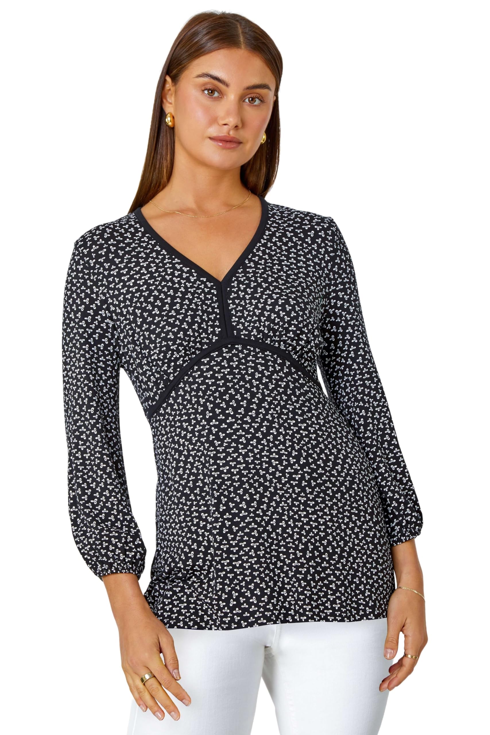 Roman Originals Women's Black Ditsy Floral Stretch V-Neck Top For Uk - Size 12