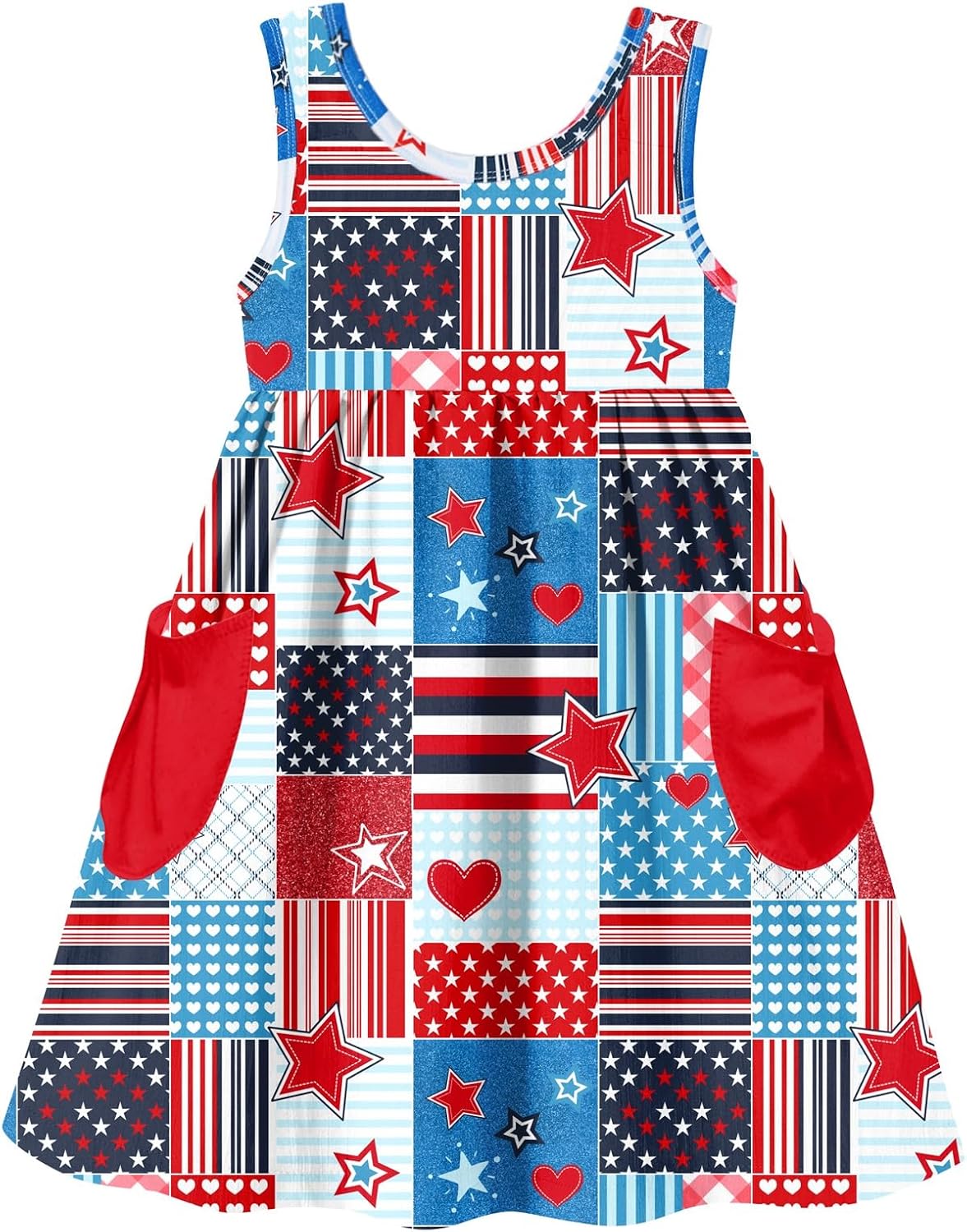 Vieille July Fourth Girls Dress Kids American Flag Print Kids Outfit Sleeveless Midi Dresses with Pocket Happy Independence Day Twirly Clothes