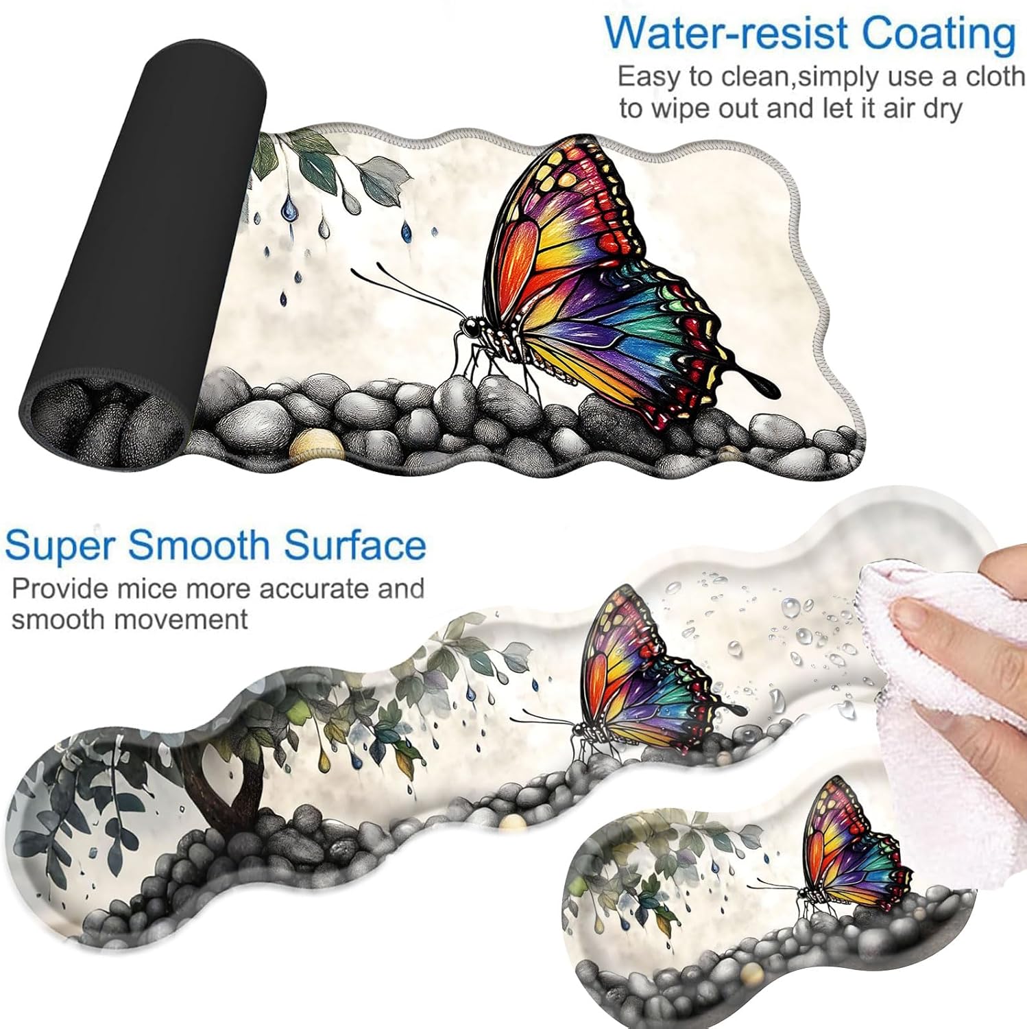 Desk Mat, Mouse Pad with Wrist Rest, 4-in-1 Large Mouse Pads for Desk, Ergonomic Mouse Pad and Keyboard Wrist Rest Gaming Keyboard Mat for Office,Watercolor Butterfly