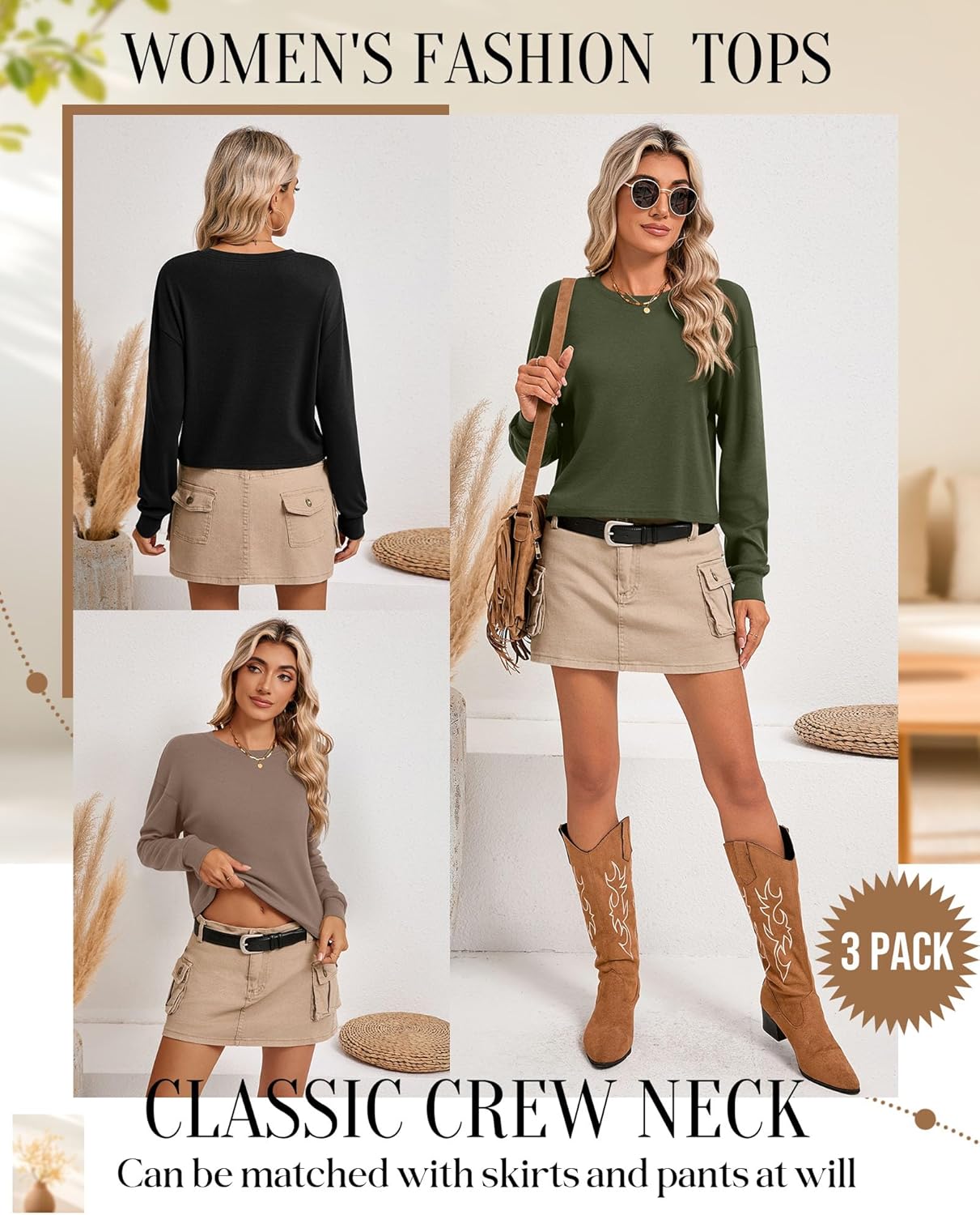 Ficerd 3 Pack Cotton Cropped Long Sleeve Tops for Women Loose Fit Crew Neck Drop Shoulder Crop T Shirts Basic Tee - Image 6