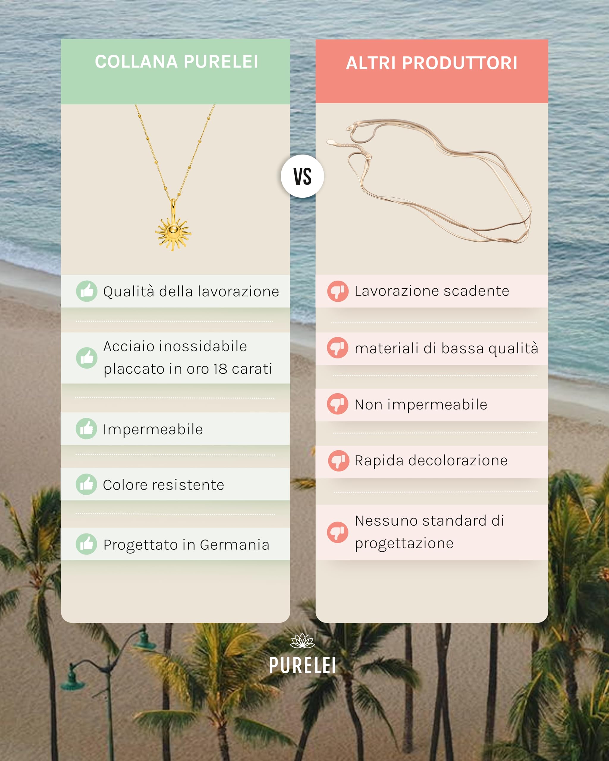Purelei Sun necklace – Collana donna in resistente acciaio inossidabile – Collanina donna con ciondolo – lunghezza 50-55 cm – Collana per un look personalizzato – impermeabile