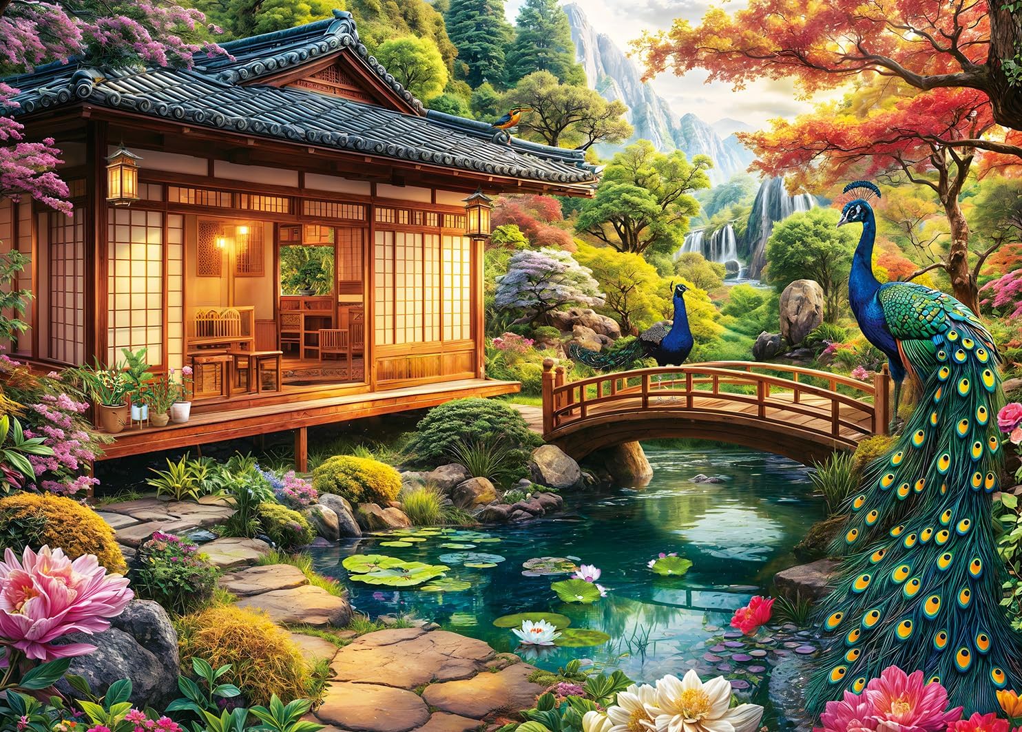 1000 Piece Puzzles for Adults - Traditional Japanese Retreat - Jigsaw Puzzles for Adults and Kids 1000 Piece Educational Games Colorful Puzzles-Exquisite Japanese Garden with Peacocks