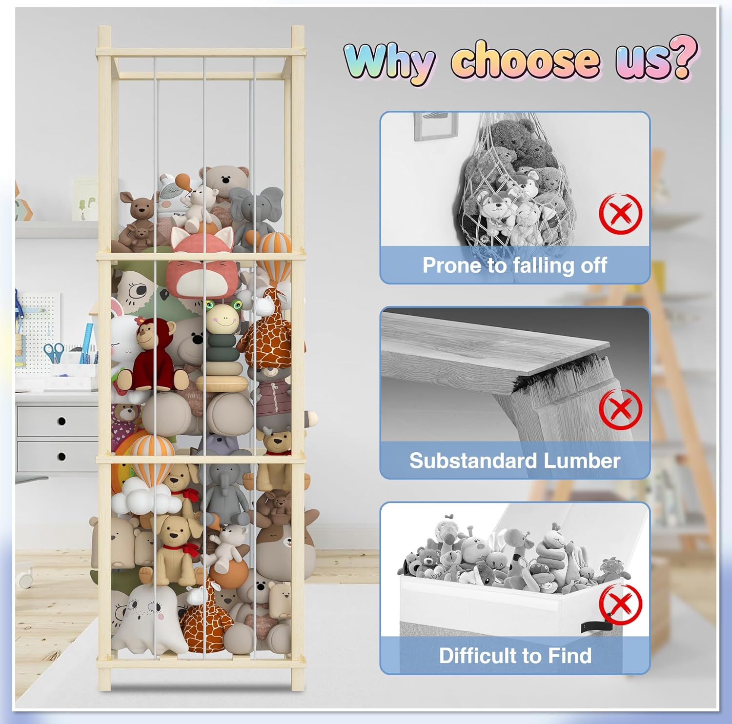 DonYoung Solid Pine Stuffed Animal Storage, 56 Inch Extra-Wide & High Open Toy Organizer, Natural Wood Slat with Whole Rope Design, Hand-Polished Kids' Plush Tower for Playroom Bedroom