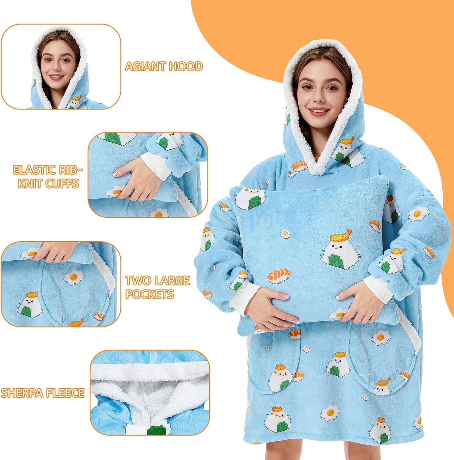 American Trends 2-in-1 Wearable Blanket, Sherpa Lined Fleece, Oversized Blanket Hoodie with Pillow, Gifts for Women Girls - Image 4