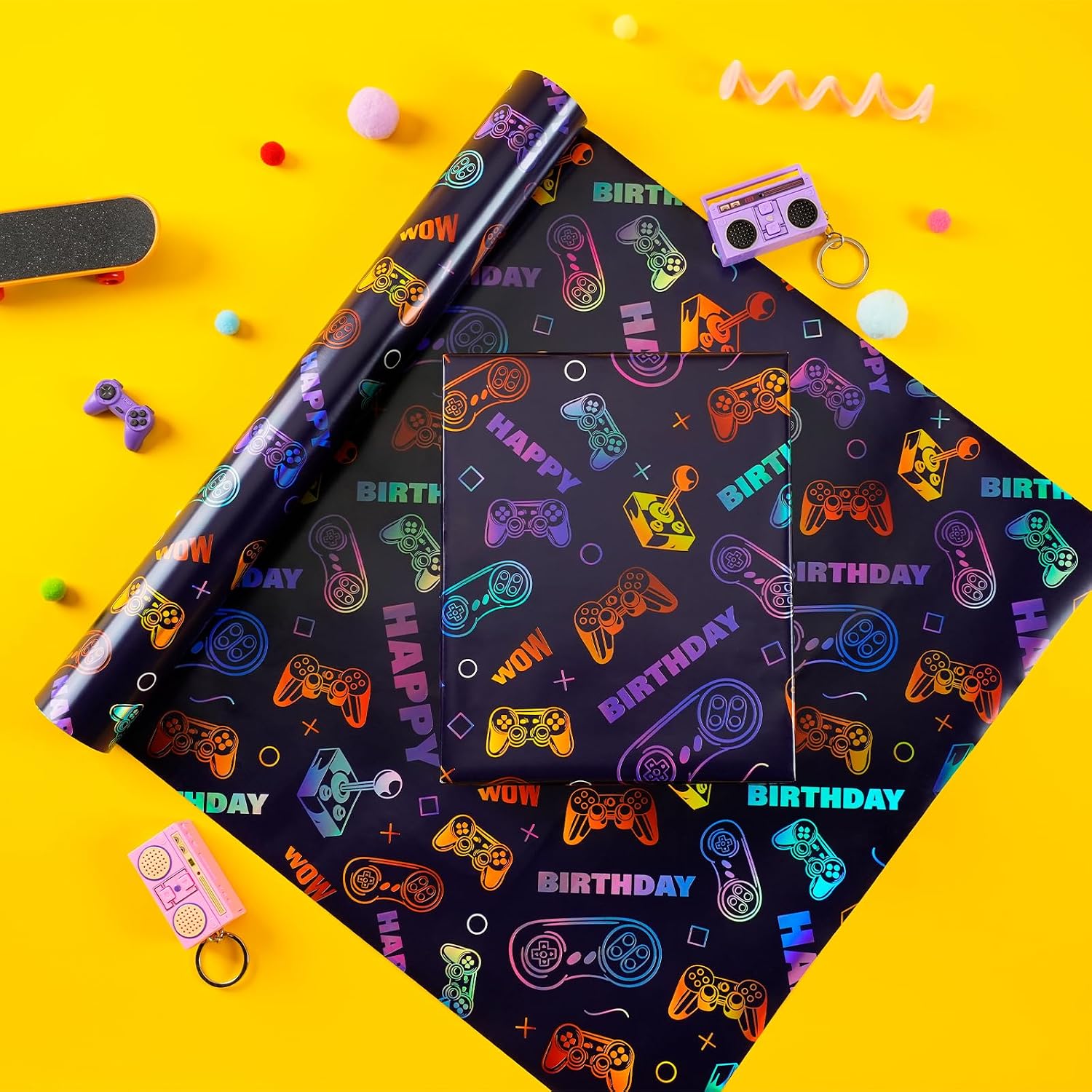 BIOBROWN Gaming Wrapping Paper for Boys Girls Laser Video Game Design image 3