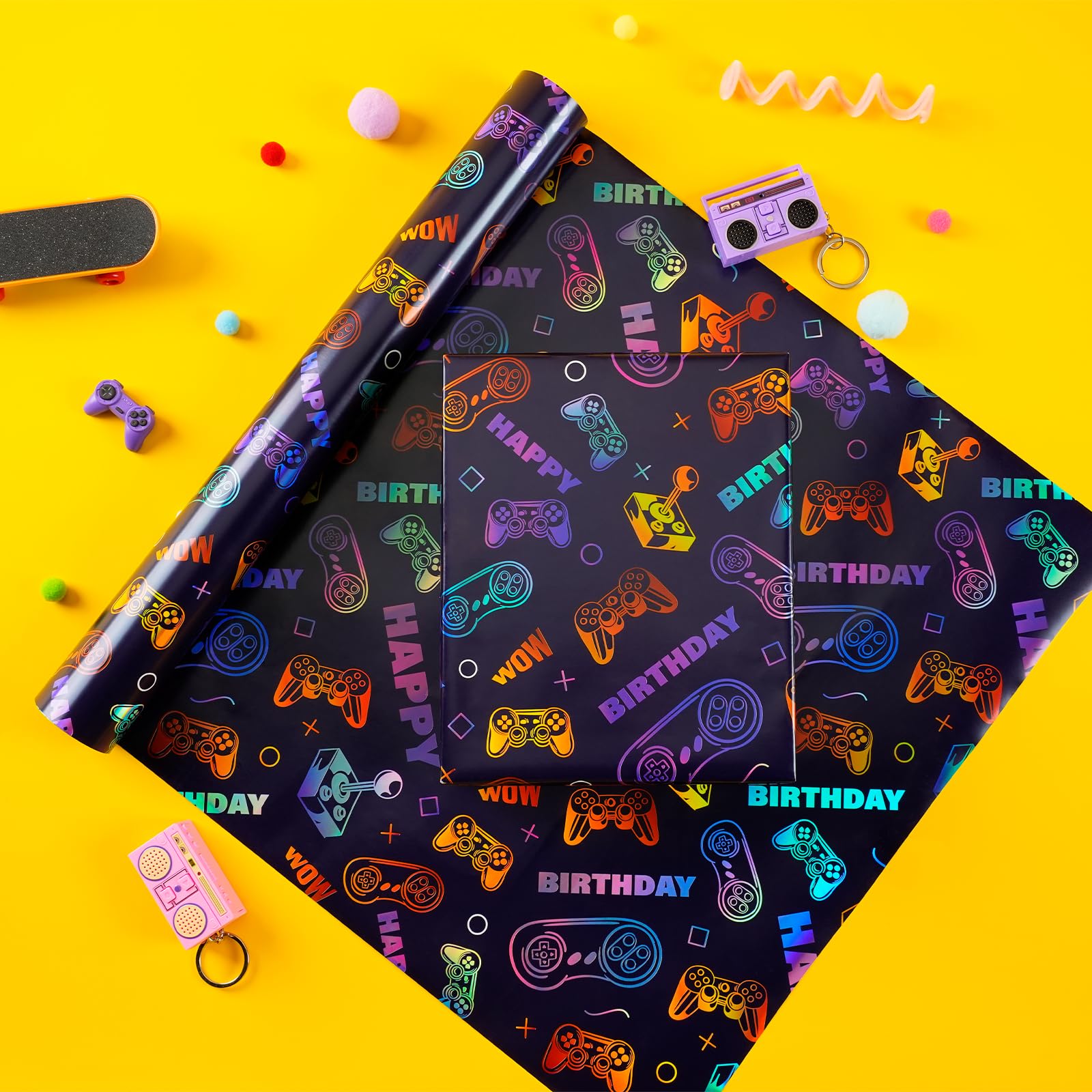 BIOBROWN Papel de regalo para juegos, 17 pulgadas x 33 pies, diseño colorido de videojuegos, papel de regalo para cumpleaños, fiestas, amantes de los juegos, vacaciones