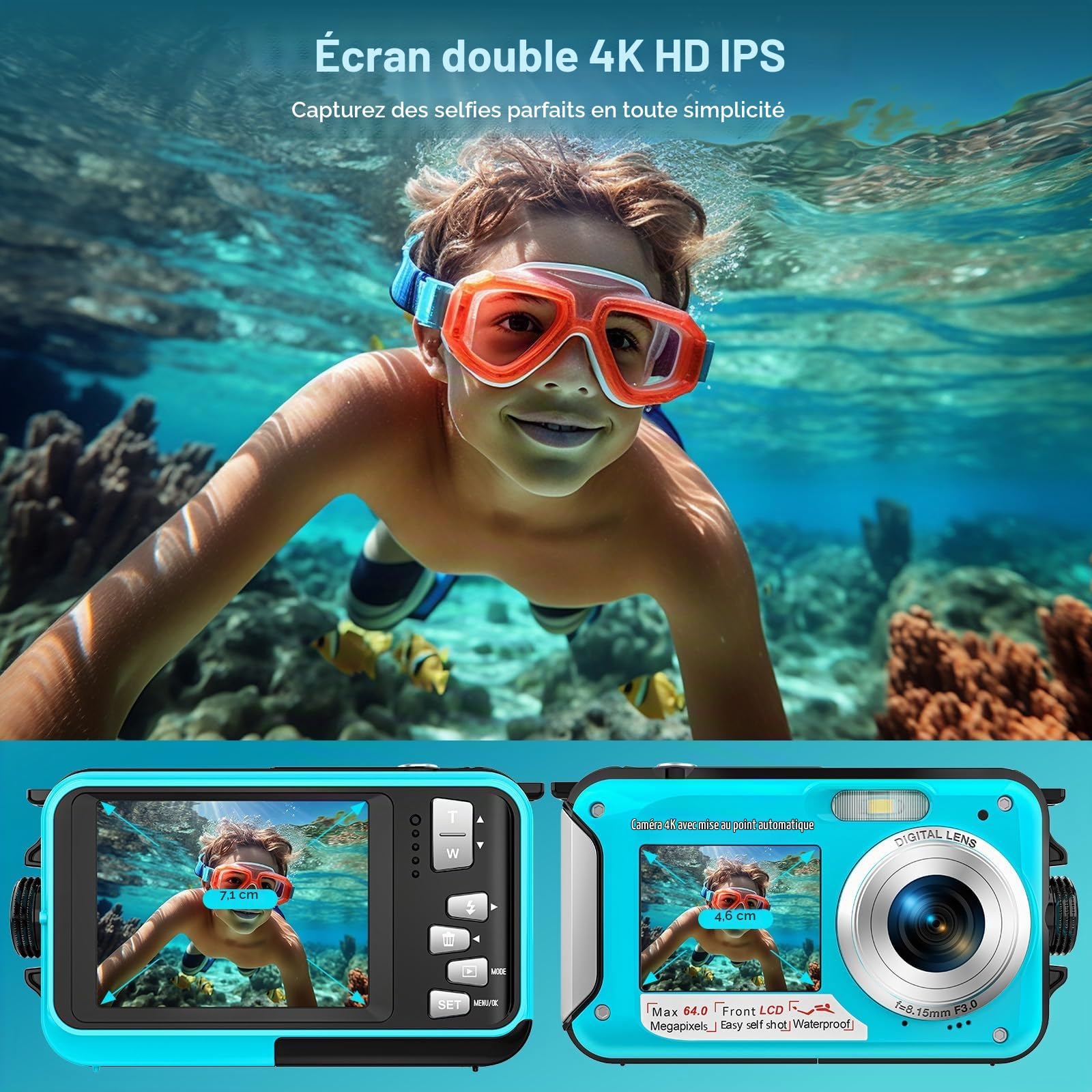 Appareil Photo Etanche Appareil Photo numérique 4K 64MP | Autofocus Caméra sous-marine Carte mémoire 32G Selfie Double écrans 16FT 16X Zoom Appareil Photo Numérique Etanche