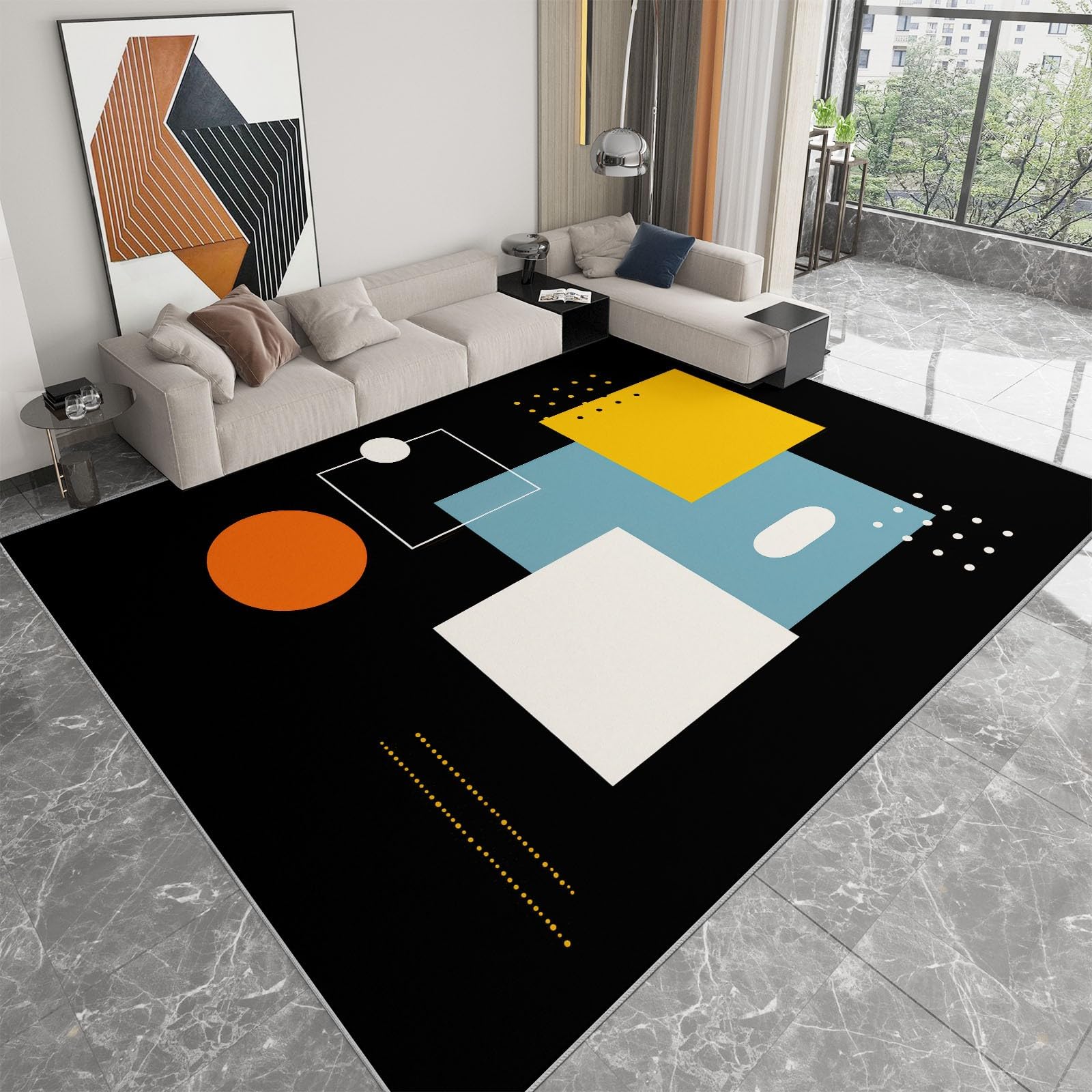 Abstrakcyjne klocki geometryczne Dywan do salonu 160 x 230 cm krótkie włosie miękki lekki wytrzymały, czarny dywan do sypialni Można prać w pralce do jadalni i biura dywan