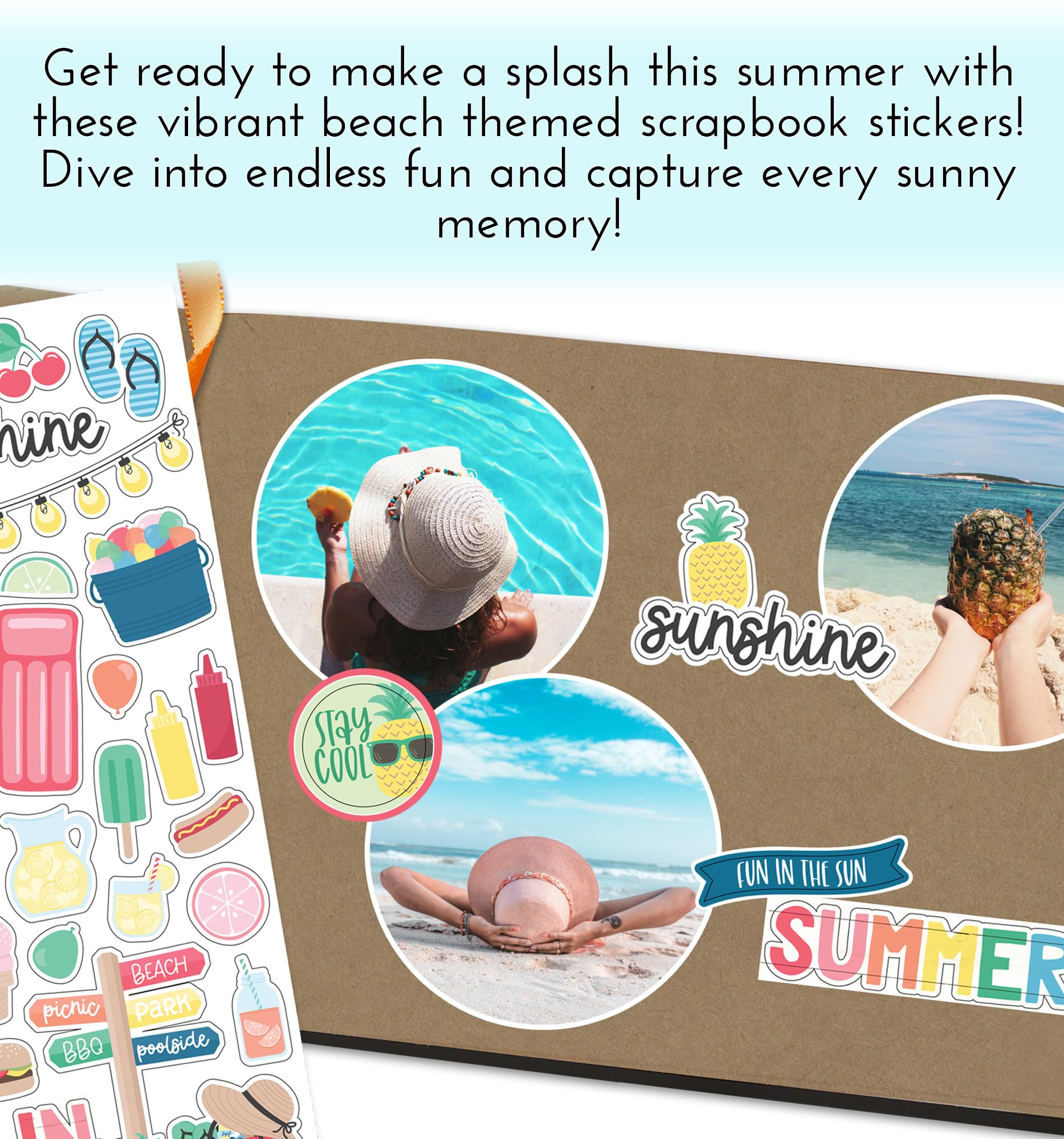 Sommer Scrapbook Aufkleber - Strand Scrapbooking Aufkleber mit Pool, lustige Sätze, Strandball, Grill Design | Scrapbook Sticker Sommer Thema Set für Urlaubsplaner, Fotoalbum, Reisetagebuch