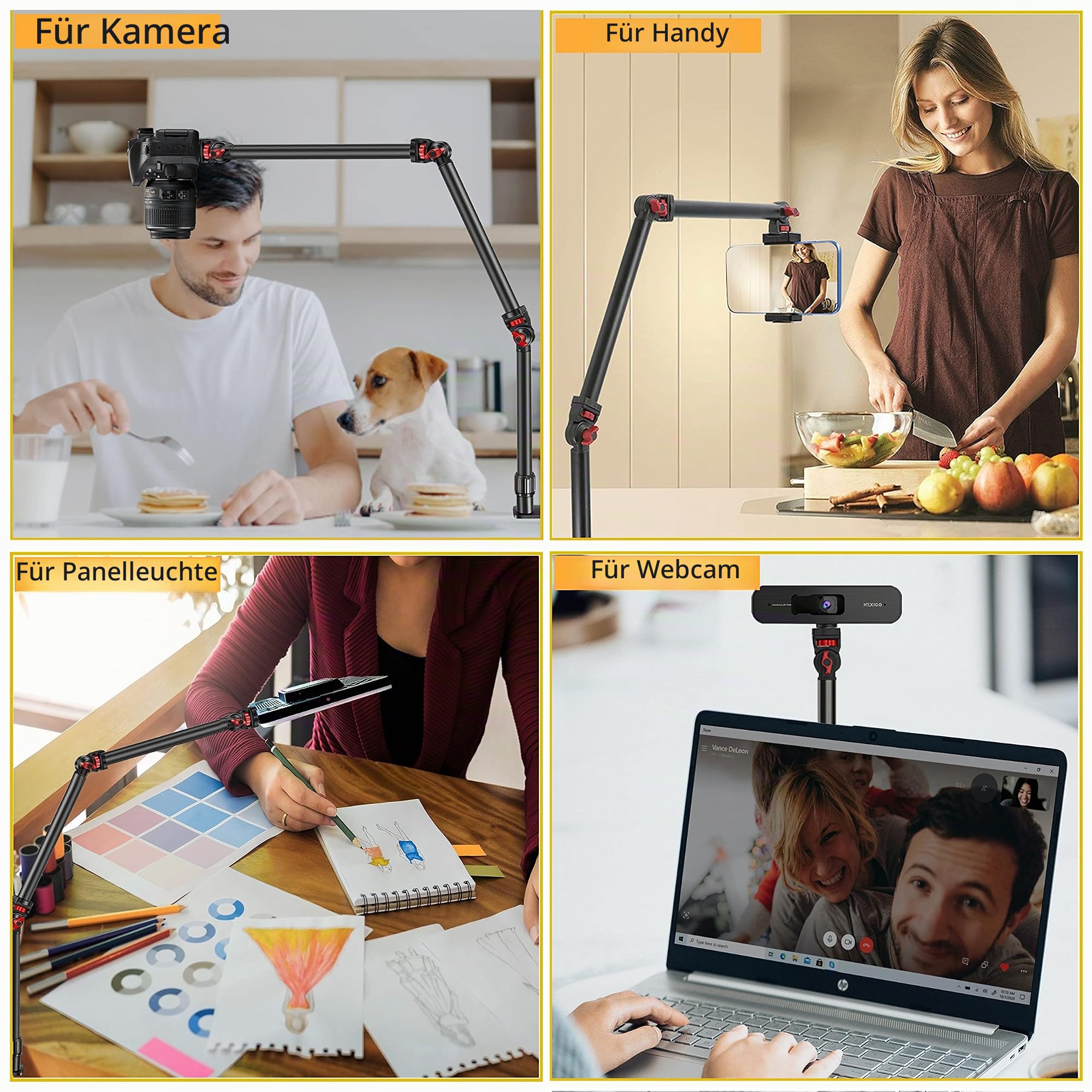Overhead-Kamera-Halterung, Schreibtischständer, 3-teilig, flexibel, Abnehmbarer Gelenkarm mit 1/4 Zoll, 3/8 Zoll, 5/8 Zoll Schraube und 360°-Kugelkopf, C-Klemme, Tischhalterung für