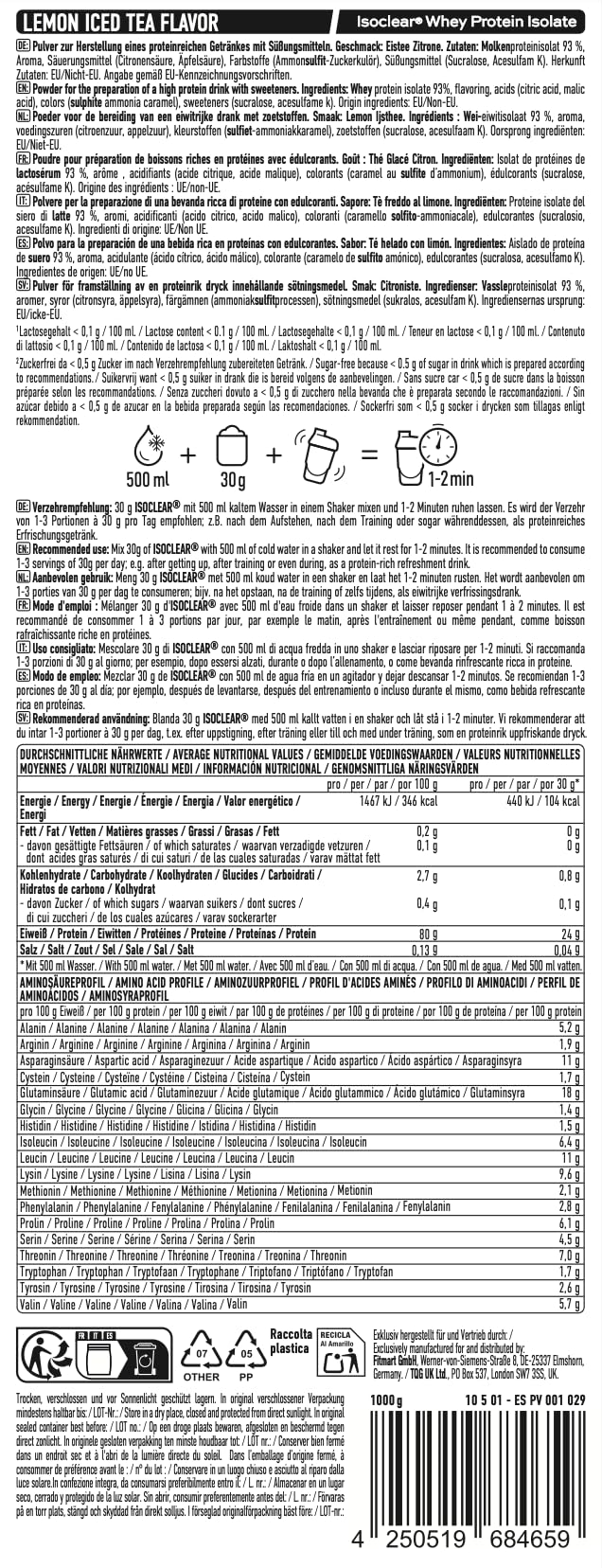 ESN ISOCLEAR Whey Isolate Protein Powder, Té helado con limón, 1000 g, limonada de proteínas con un sabor afrutado y delicioso, suero de leche claro - made in Germany