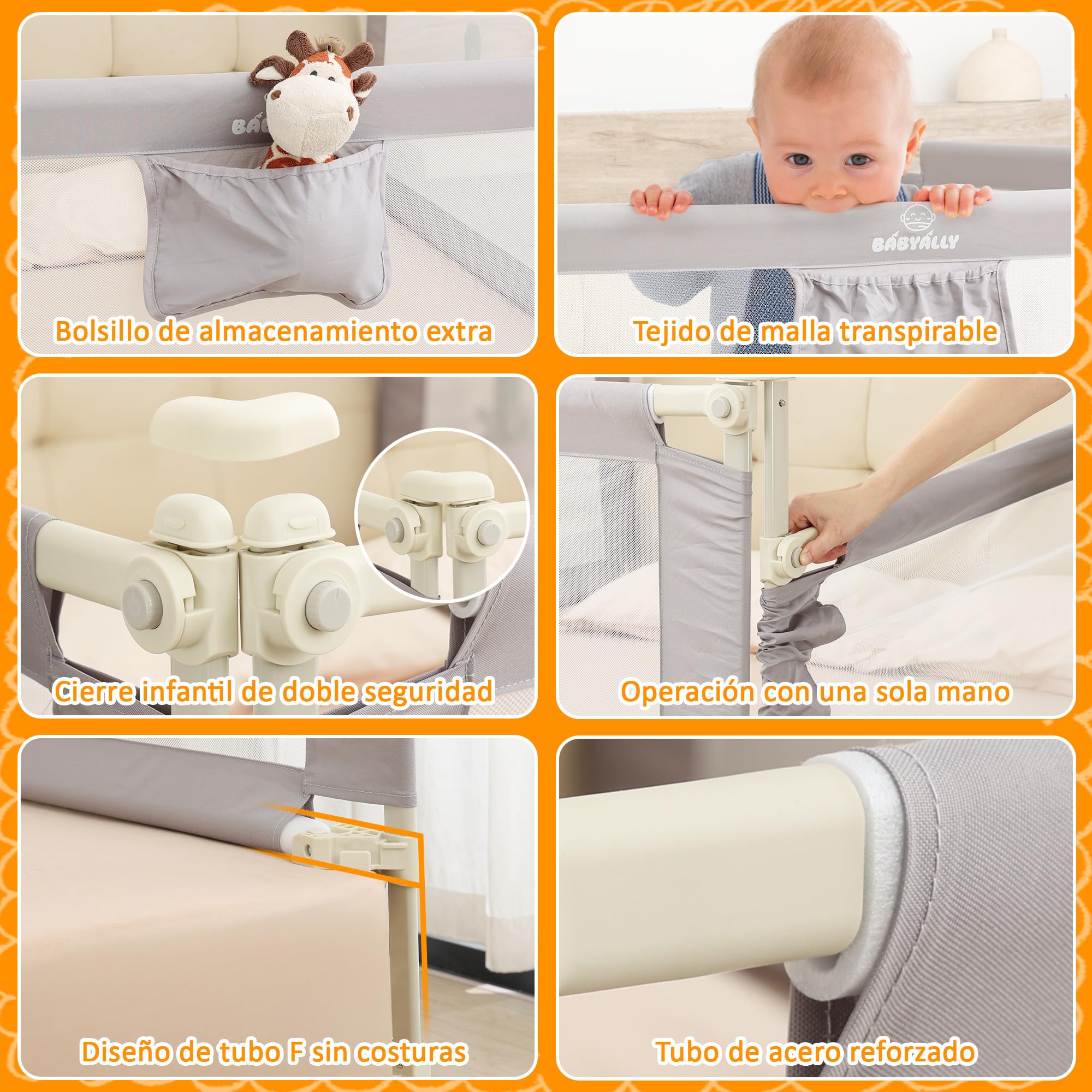 Barrera de 160cm para Cama, Barrera de Seguridad Niños, Barandilla Cama Niño Legable y Portátil