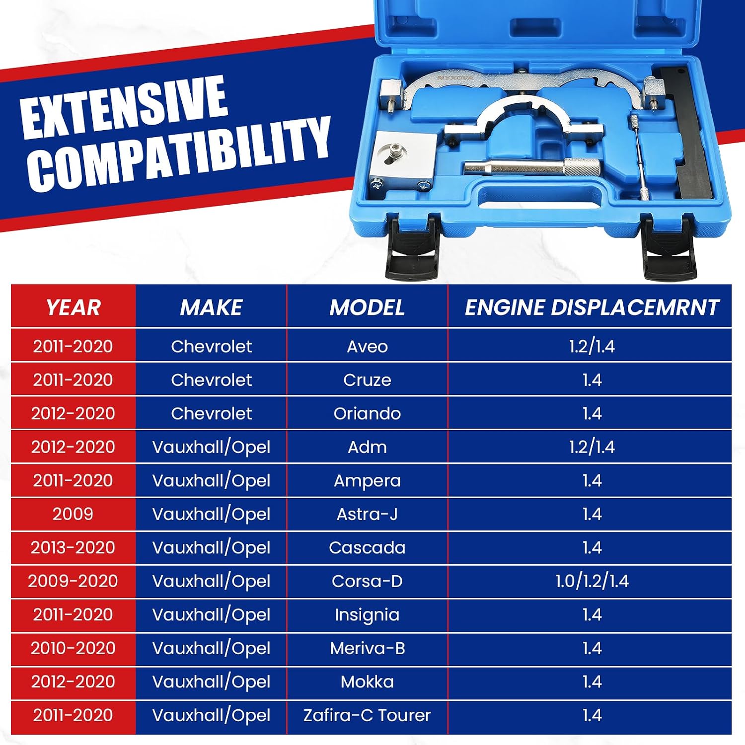 NYXOVA Turbo Engine Timing Tool Kit, Camshaft Holding Locking Tool Set with Case & Gloves, Engine Camshaft Alignment Tool Set Compatible with Chevy, Vauxhall, Opel 1.0L/1.2L/1.4L Engines