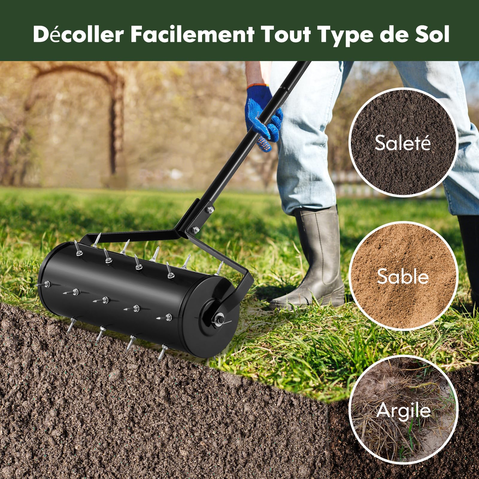 RELAX4LIFE Scarificateur Gazon Manuel 45CM avec Poignée &Rouleau à Pointes Rotatives, Rouleau Aérateur Gazon de Pelouse en Métal pour Jardin Cour Patio (5.5L | 45x130CM, Noir)