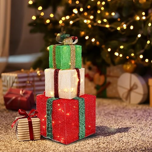 Miniatura 2 de VINGLI - Juego de 3 cajas de regalo iluminadas de Navidad, cajas de presente resistentes al clima, decoración para el hogar, 60 luces LED