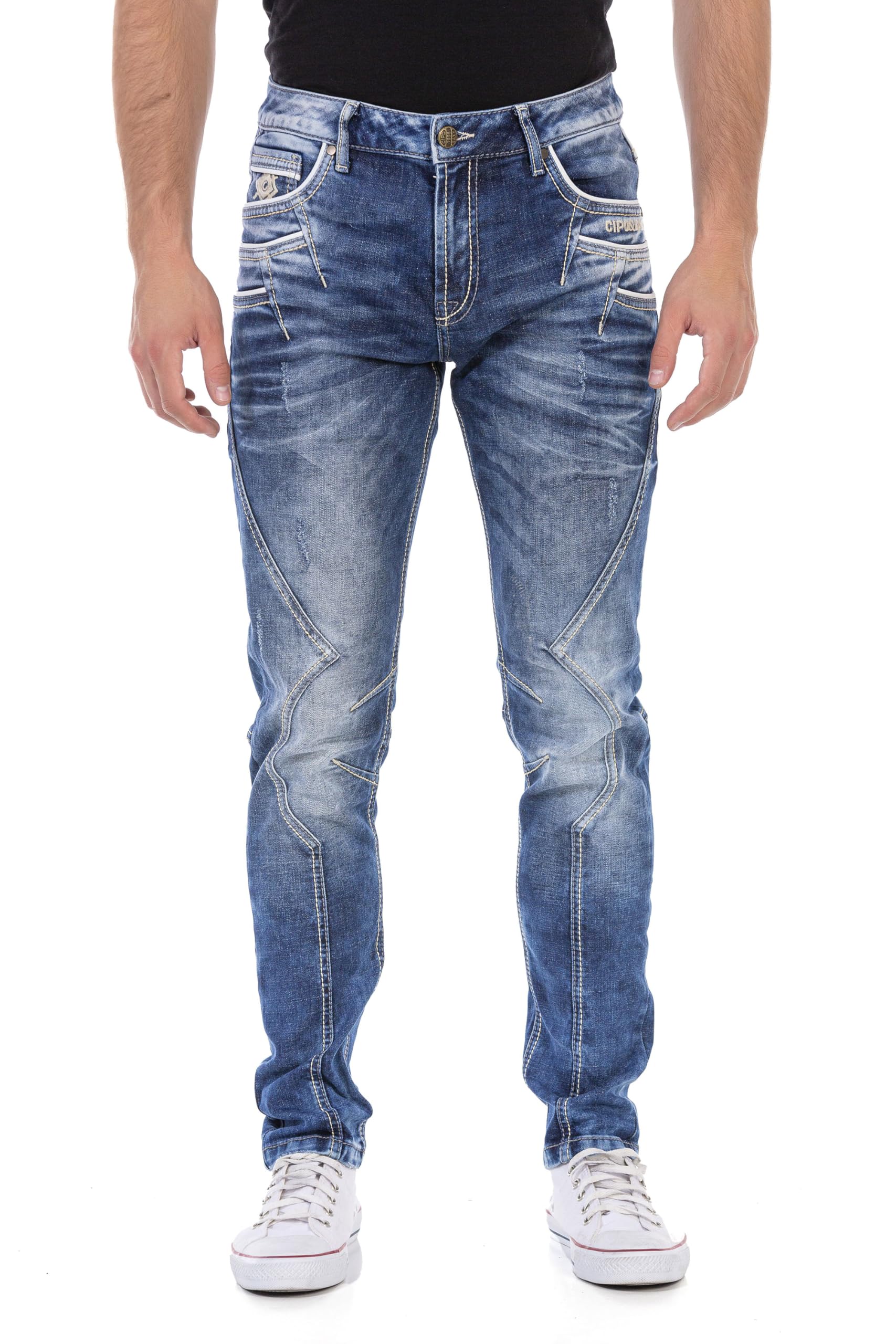 Cipo & Baxx Pantalones vaqueros para hombre, corte recto, pantalones vaqueros regulares en costura de contraste, pantalones vaqueros de algodón alto para hombres con costuras decorativas modernas,