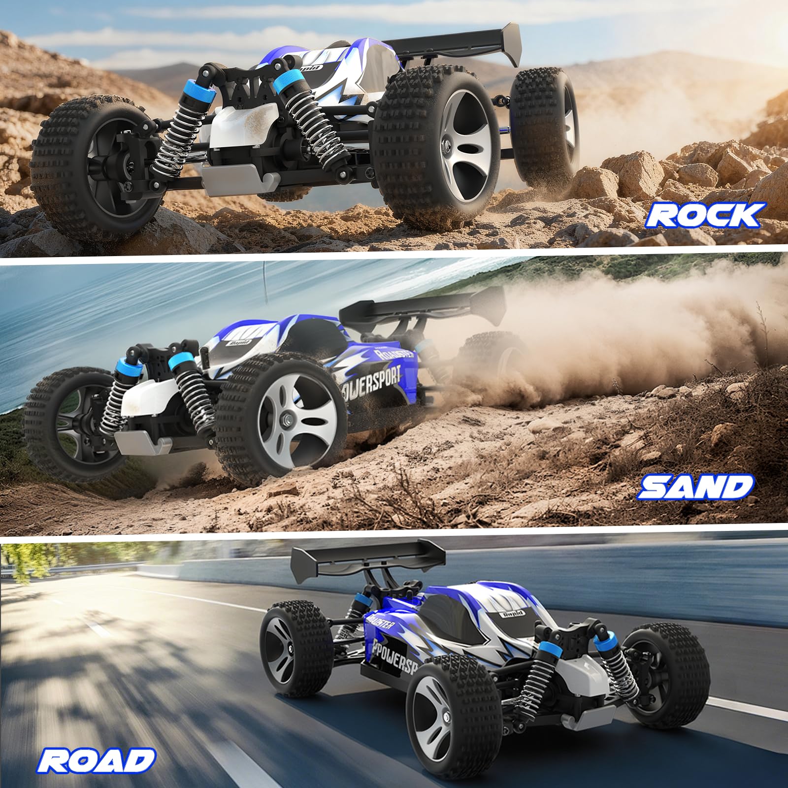 Simrex Auto fuoristrada radiocomandata, scala 1:18, 45 km/h, 4WD con telecomando da 2,4 GHz, auto RC con 2 batterie ricaricabili, regalo per bambini e adulti, blu
