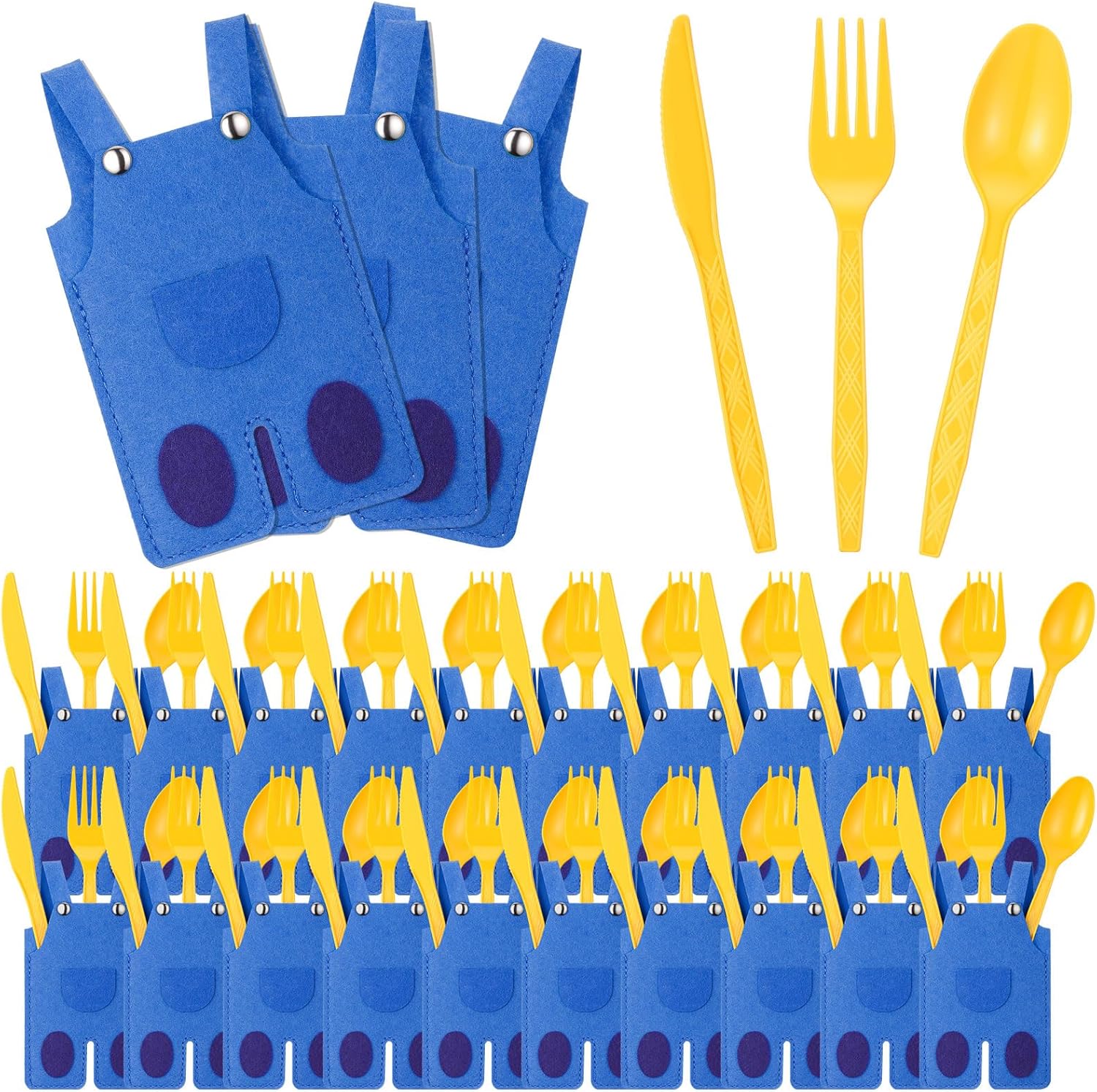 30 Sets Yellow Jeans Cartoon Themed Birthday Silverware Disposable Knife Fork Spoon with Blue Jeans Cutlery Bags for Birthday Party Favors Guests Table Decorations