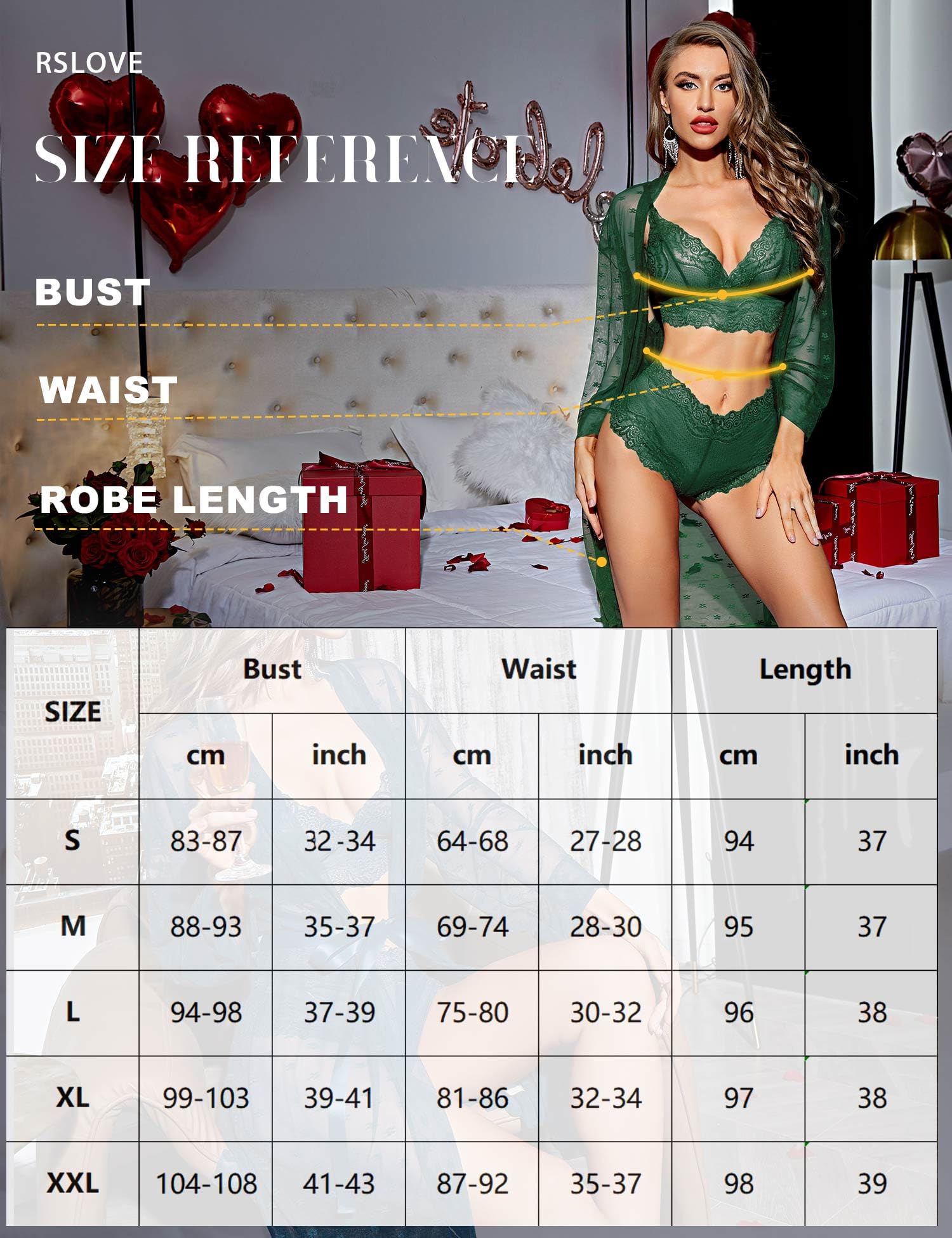 RSLOVE Set di Biancheria Intima da Donna 3 Pezzi Kimono in Pizzo con Reggiseno e Slip Trasparenti