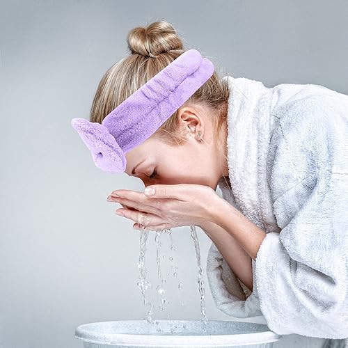 Miniatura 3 de Diadema de spa diadema de maquillaje con lazo para lavarse la cara diadema de forro polar coral de alta elasticidad para mujeres y niñas morado