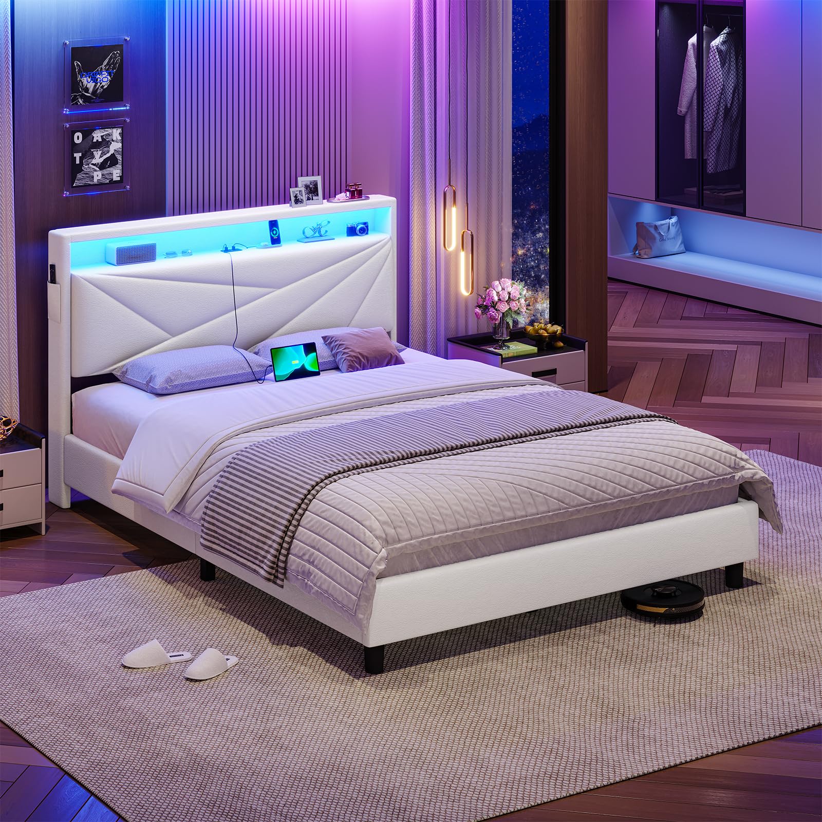 KIMENICH Lit 140x190 avec Sommier, Lit Double avec LED Réglable et Multiprise, Étagères Ouvertes et Rangement sous Sommier, Cadre de Lits 140x190 Capitonné, PU Blanc