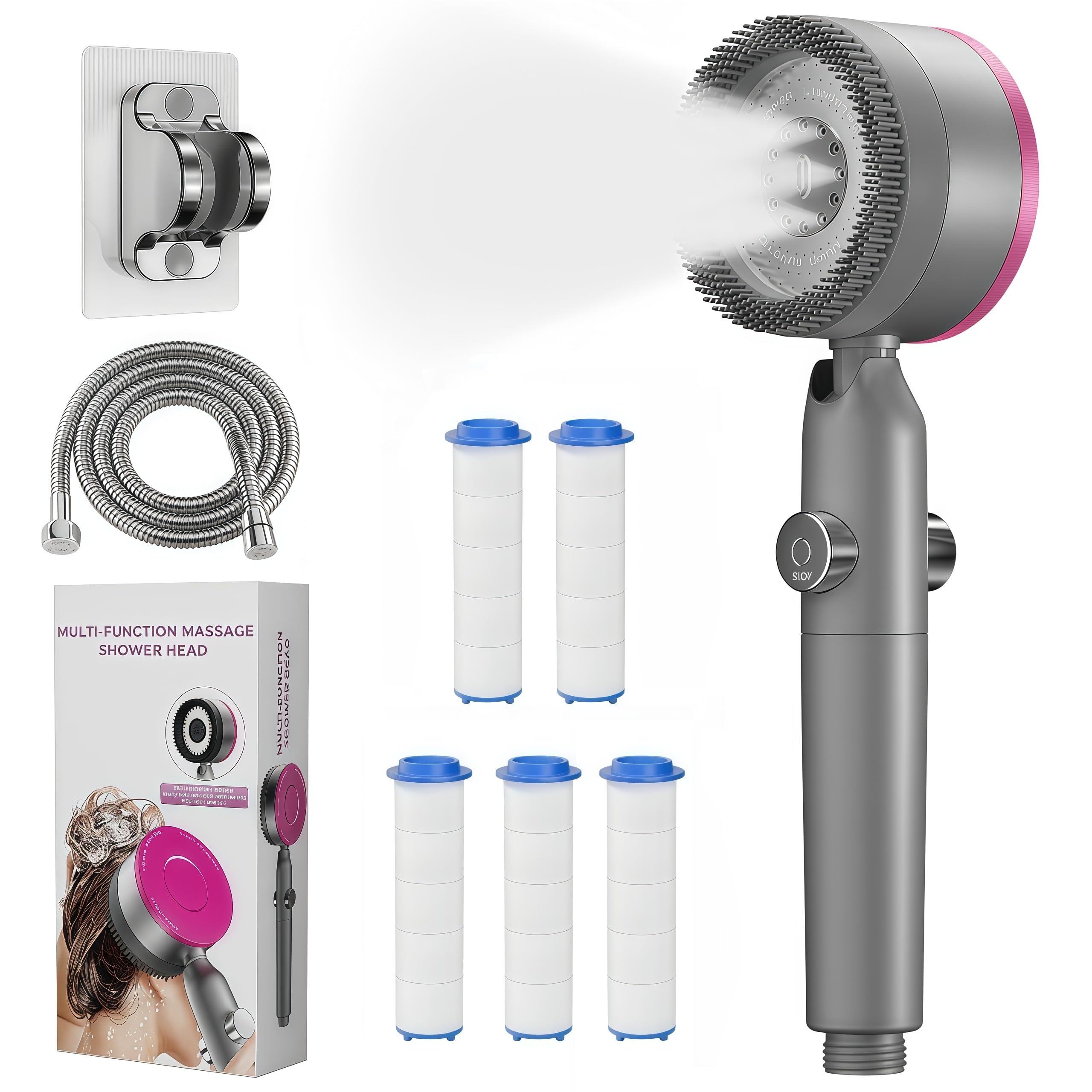 High Pressure Shower Head with 15 Stage Hard Water Filter,4 Spray Modes Handheld Showerhead with 1.5m Hose,Bracket,Filter*5and Pause Switch,Massage Shower Filter for Residual Chlorine Removal