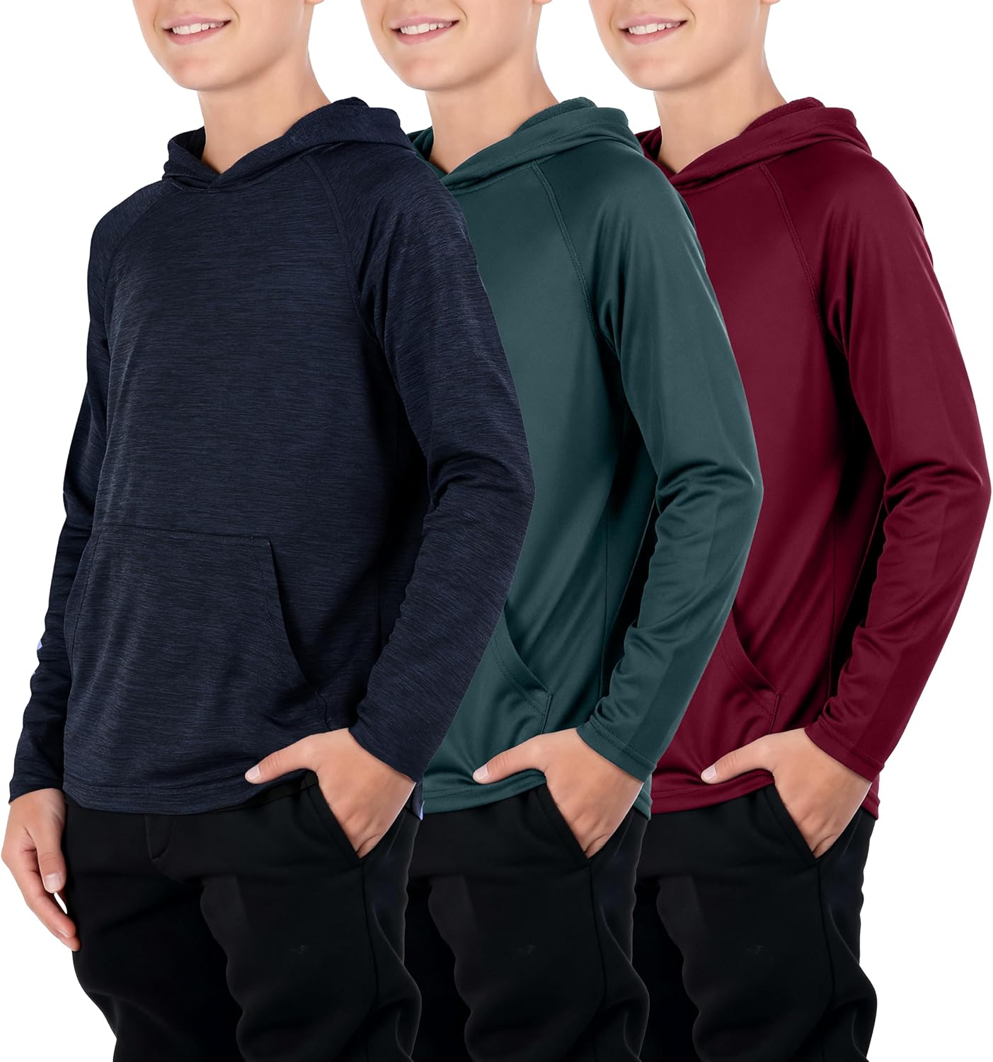 Liberty Imports 3-Pack Youth Boys Teen Dry-Fit Hoodies Long Sleeve Athletic Pullover Sweatshirts Lightweight Activewear