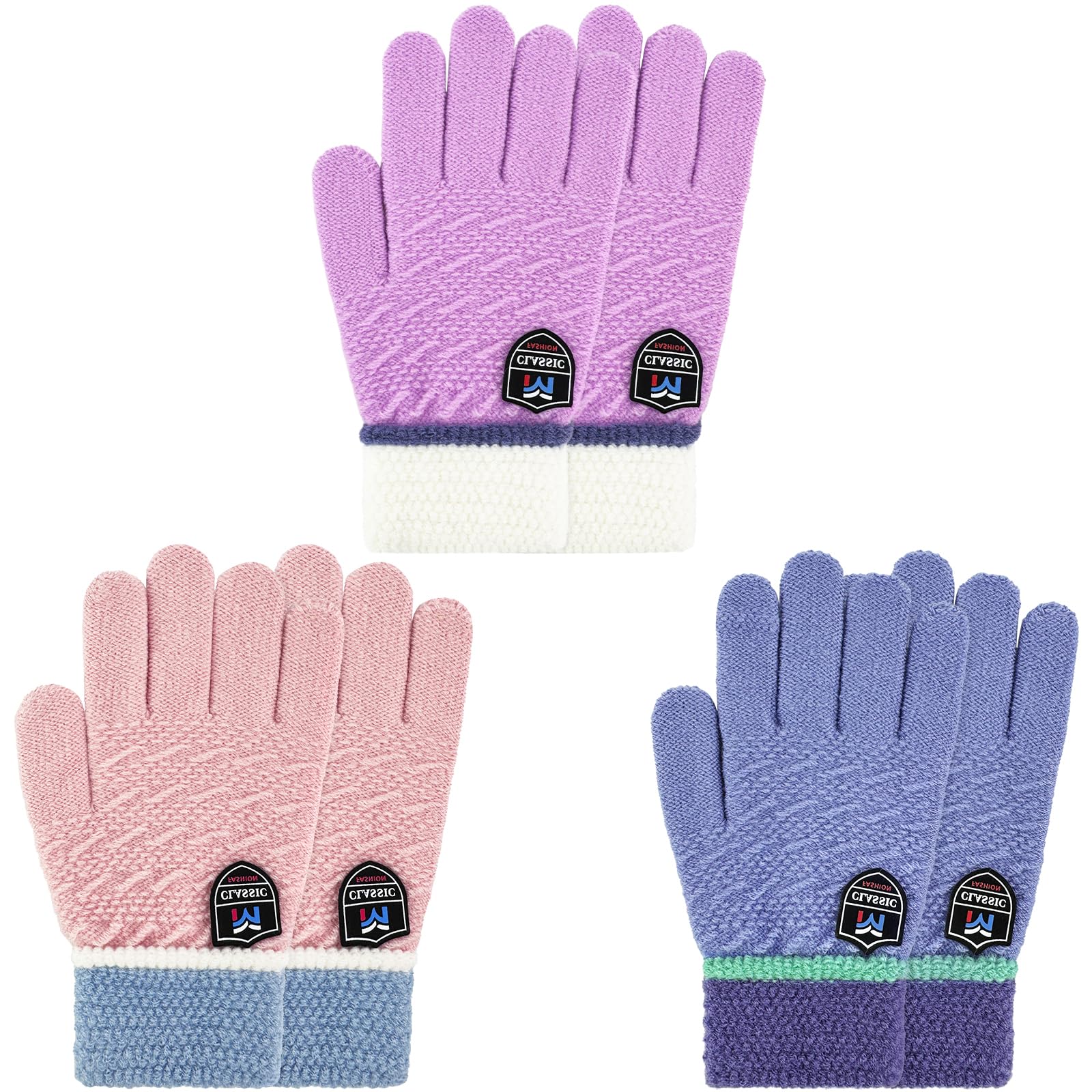 MIG4U 3 Pairs Kids Winter Magic Gloves for Boys and Girls, Warm Knit Children Cold Weather Glove Napping Liner