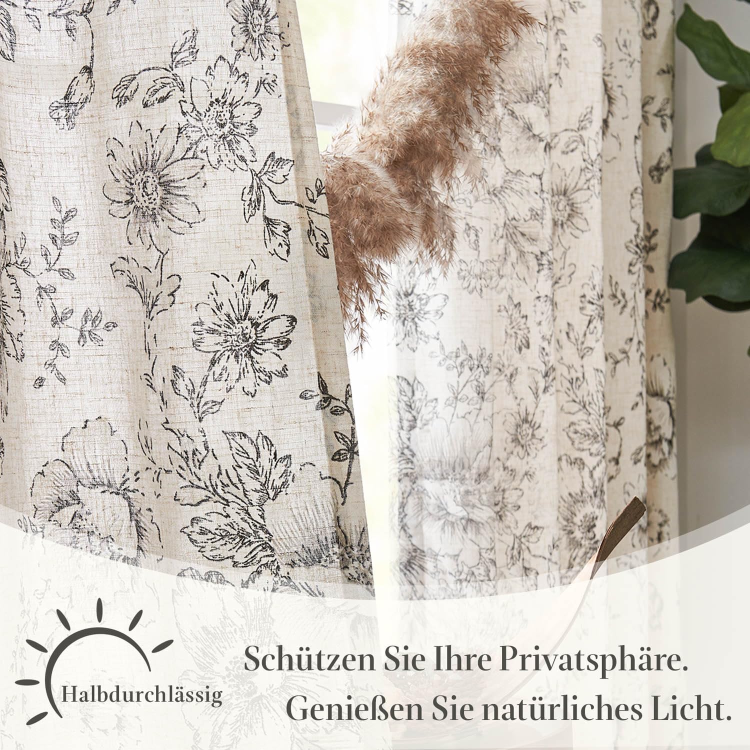 TOPICK Tende floreali effetto lino, 2 pezzi, 213 x 95 cm (altezza x larghezza), nero e beige