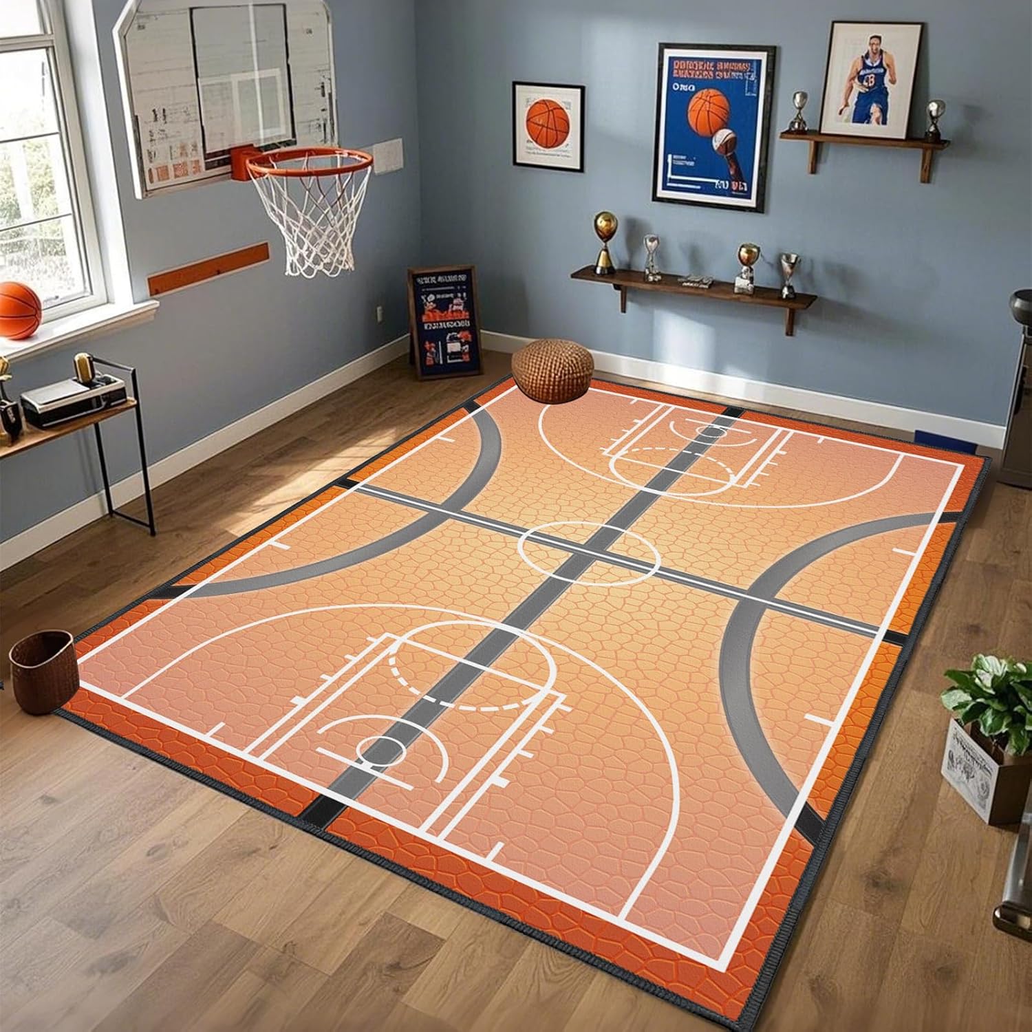 Basketball Rug for Bedroom,6'x9' Non-Slip Sports Rugs, Basketball Court Rug for Living Room or Game Room Decor 6' x 9' (Rectangular) Orange